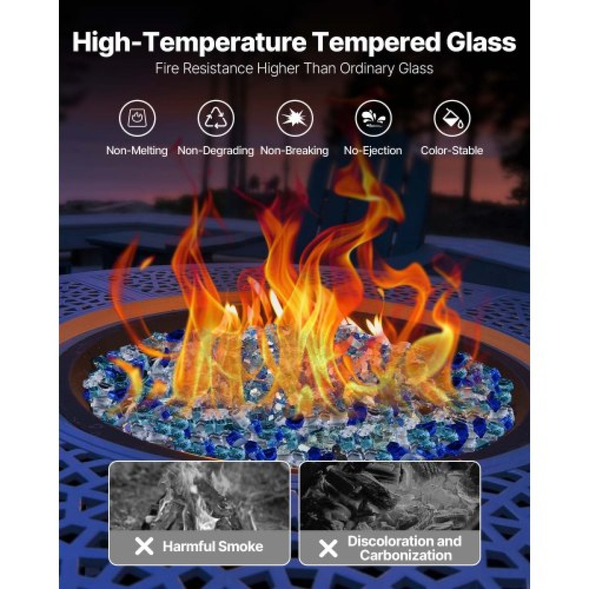 VEVOR Fire Glass, 10 LBS / 4,5 KG Τζάκι Rocks, 1/2-Inch / 12,7 mm Reflective Firepit Glass Rock, High Luster & Smokeless Stone Landscaping for Fire Pit table, Cobalt Blue + Aqua Blue + Clear