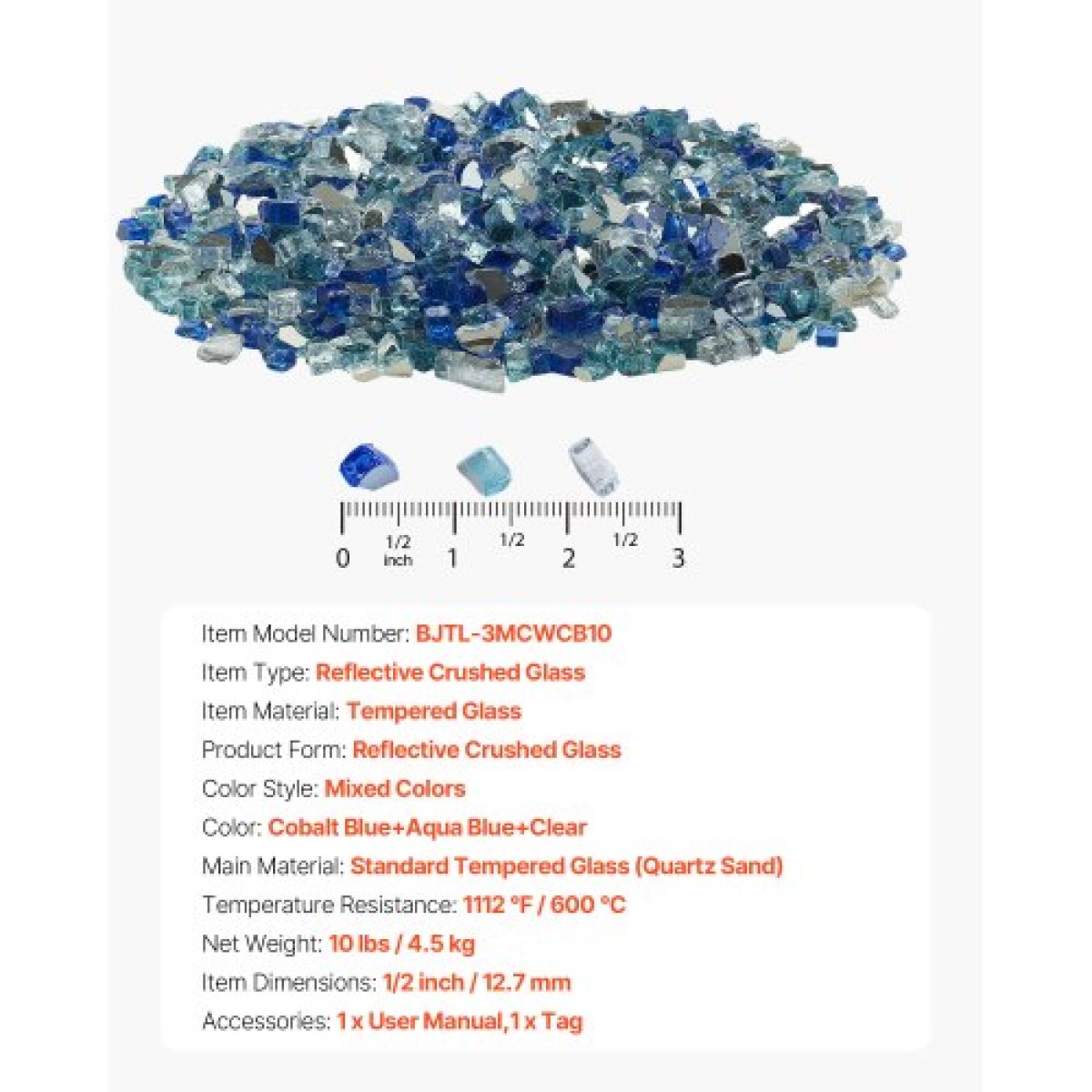 VEVOR Fire Glass, 10 LBS / 4,5 KG Τζάκι Rocks, 1/2-Inch / 12,7 mm Reflective Firepit Glass Rock, High Luster & Smokeless Stone Landscaping for Fire Pit table, Cobalt Blue + Aqua Blue + Clear