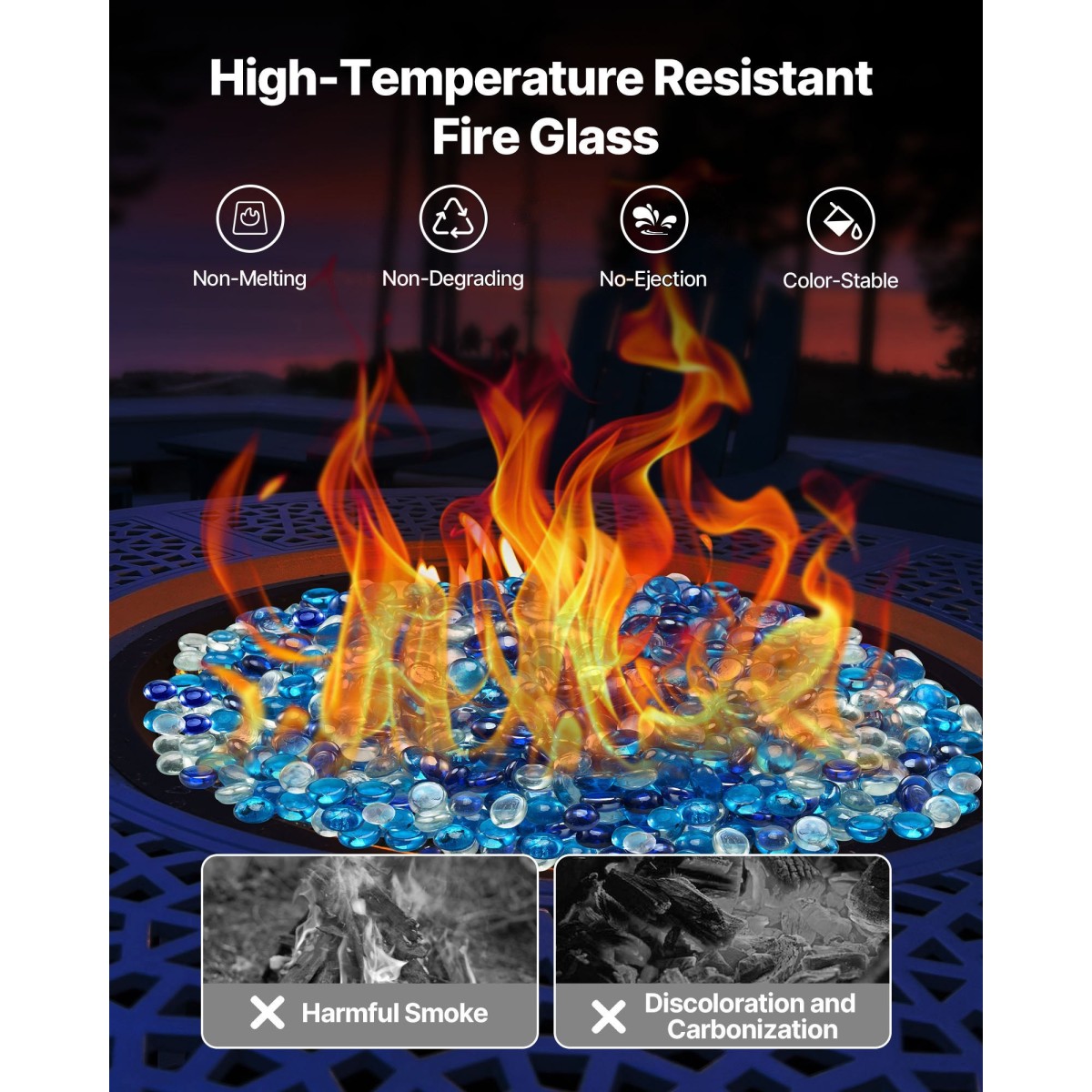 VEVOR Fire Glass, 10LBS / 4,5KG Smokeless & Fireplace Rocks, 3/4-Inch / 19,05 mm Reflektive Firepit Glass Bead, High Luster Stone Landscaping for Fire Pit Table, Cobalt Blue + Caribbean Blue + Clear