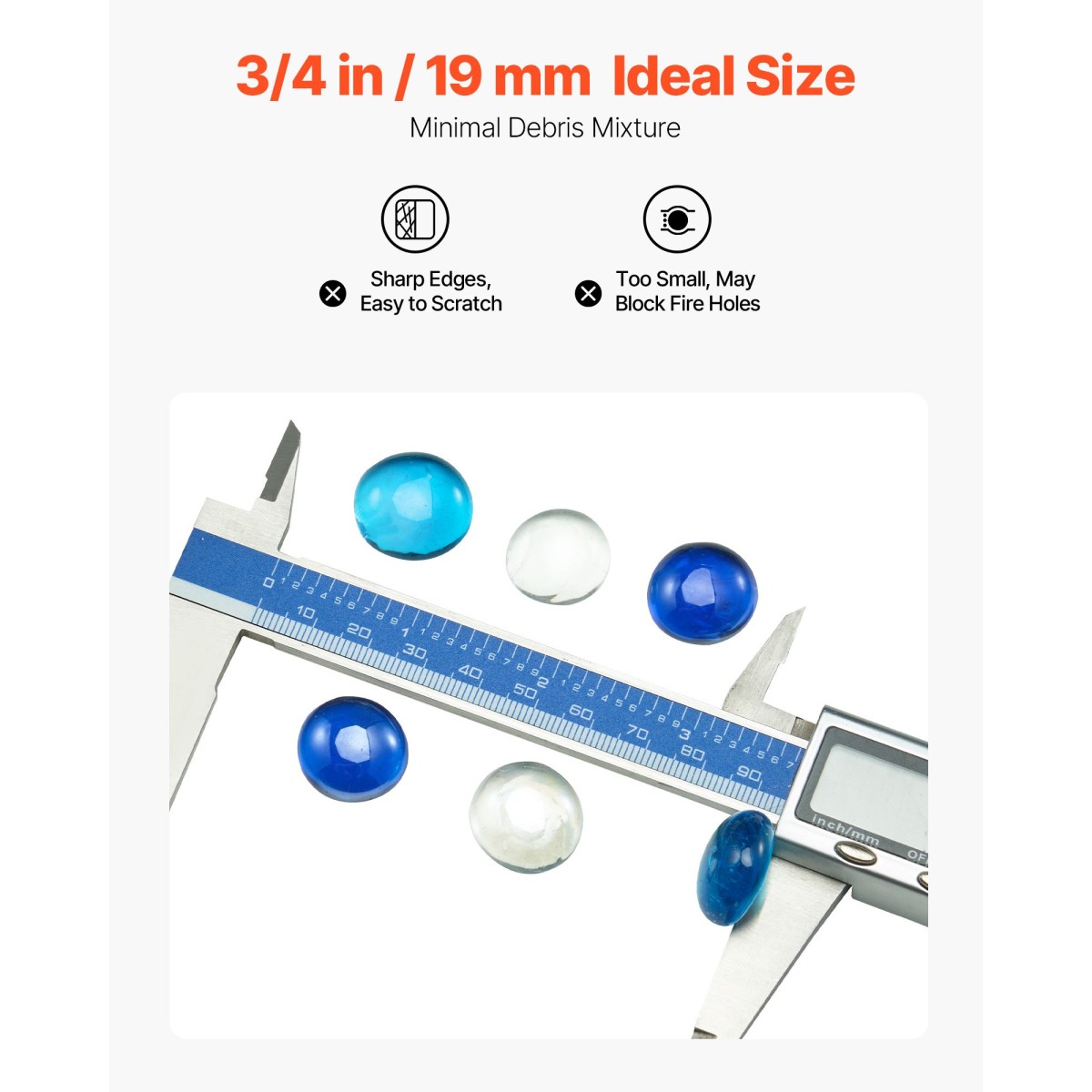 VEVOR Fire Glass, 10LBS / 4,5KG Smokeless & Fireplace Rocks, 3/4-Inch / 19,05 mm Reflektive Firepit Glass Bead, High Luster Stone Landscaping for Fire Pit Table, Cobalt Blue + Caribbean Blue + Clear