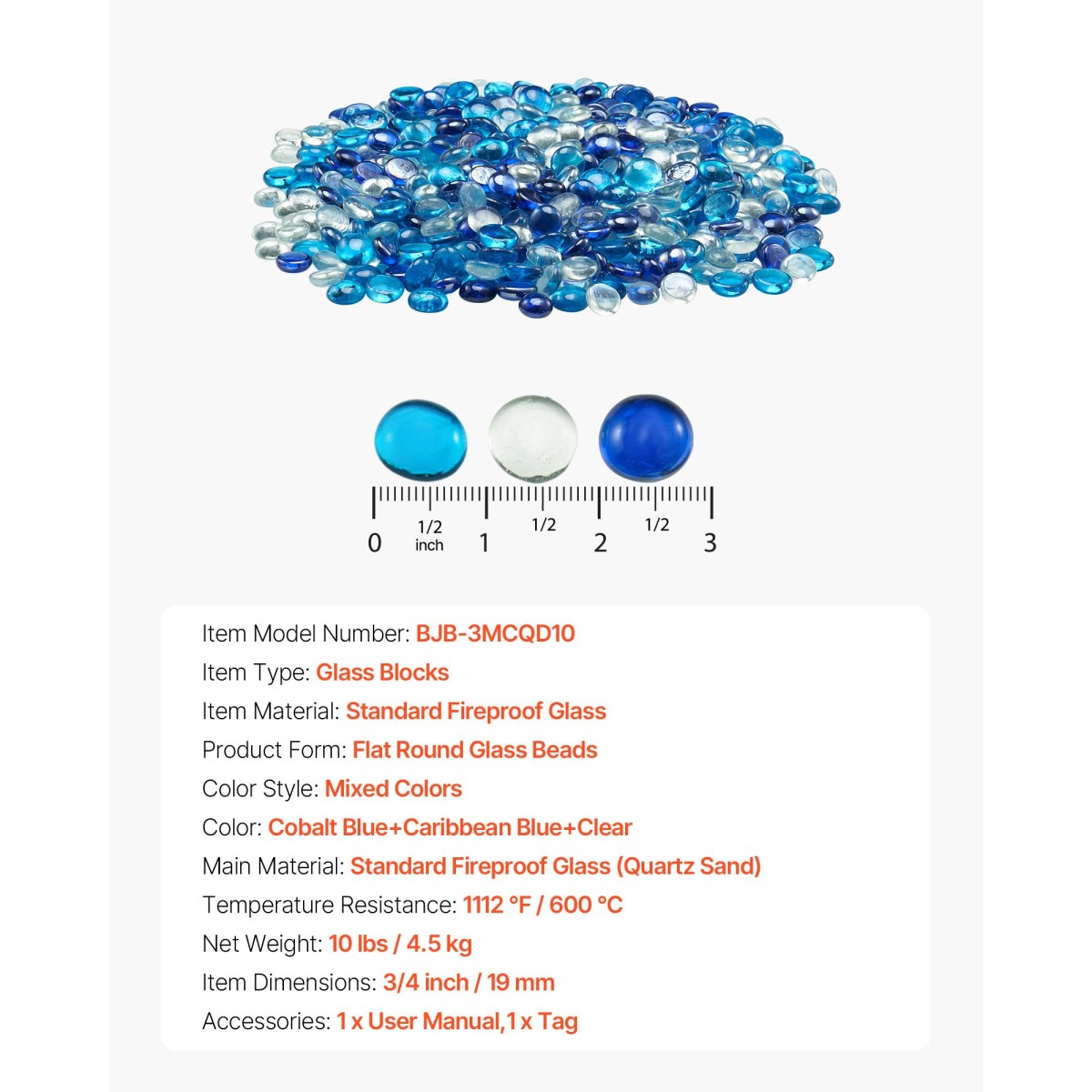 VEVOR Fire Glass, 10LBS / 4,5KG Smokeless & Fireplace Rocks, 3/4-Inch / 19,05 mm Reflektive Firepit Glass Bead, High Luster Stone Landscaping for Fire Pit Table, Cobalt Blue + Caribbean Blue + Clear