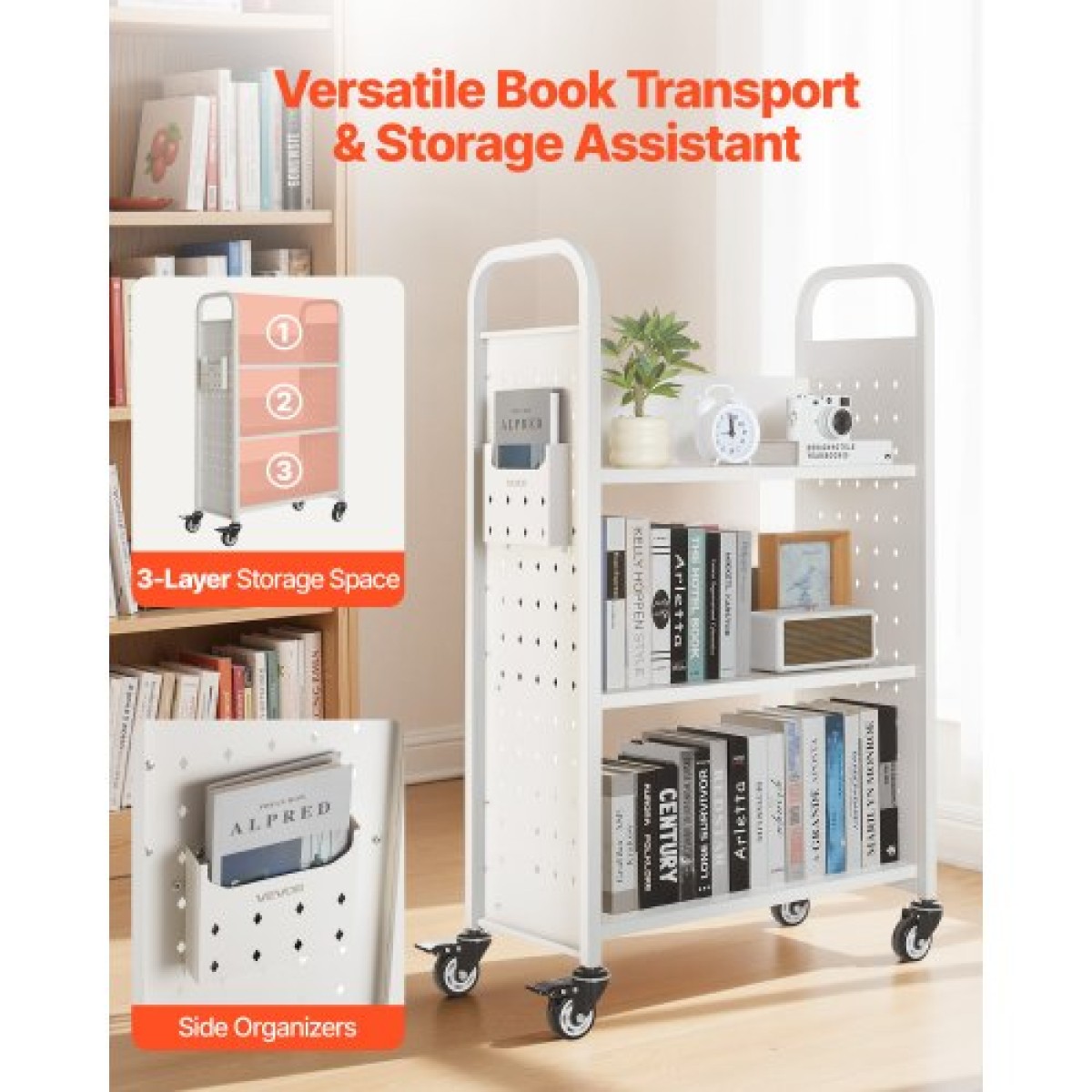 Καρότσι βιβλίων VEVOR Rolling Library, Χωρητικότητα 150 kg, 77 x 38 x 122 cm Καρότσι βιβλιοθήκης, Ράφια σε σχήμα L μονής όψης με ρόδες που κλειδώνουν 76,2 mm, φορτηγό βιβλίου για ράφια σπιτιού γραφείου και σχολείου, λευκό