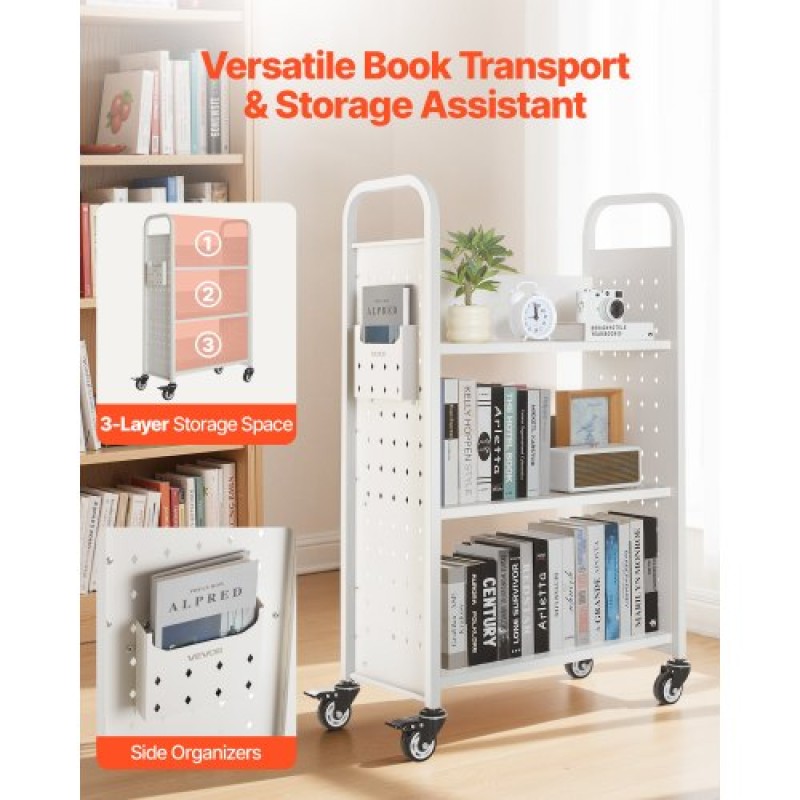 VEVOR 3-Tier Rolling Book Cart Single Sided L-Shaped Shelves Book Truck in White