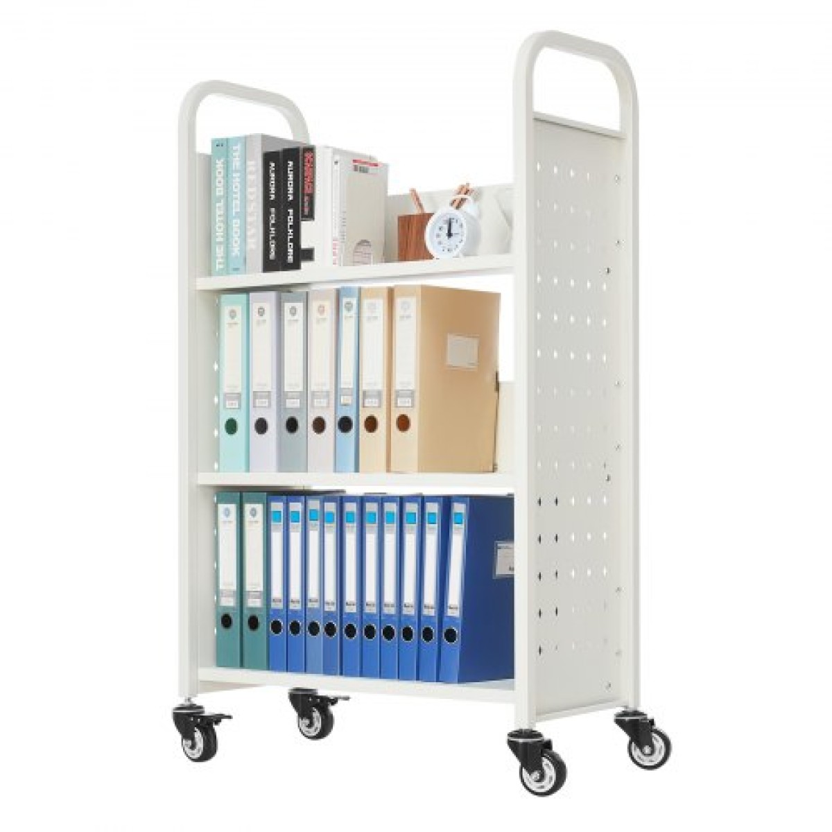 Καρότσι βιβλίων VEVOR Rolling Library, Χωρητικότητα 150 kg, 77 x 38 x 122 cm Καρότσι βιβλιοθήκης, Ράφια σε σχήμα L μονής όψης με ρόδες που κλειδώνουν 76,2 mm, φορτηγό βιβλίου για ράφια σπιτιού γραφείου και σχολείου, λευκό