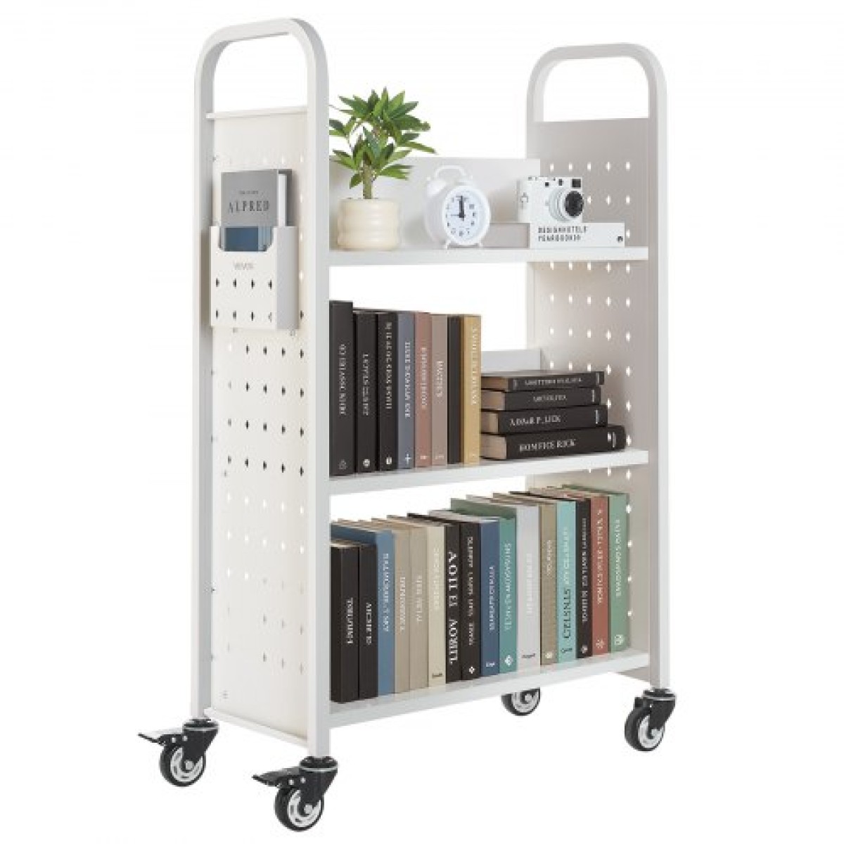 Καρότσι βιβλίων VEVOR Rolling Library, Χωρητικότητα 150 kg, 77 x 38 x 122 cm Καρότσι βιβλιοθήκης, Ράφια σε σχήμα L μονής όψης με ρόδες που κλειδώνουν 76,2 mm, φορτηγό βιβλίου για ράφια σπιτιού γραφείου και σχολείου, λευκό