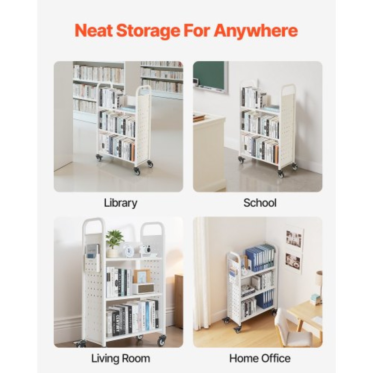 Καρότσι βιβλίων VEVOR Rolling Library, Χωρητικότητα 150 kg, 77 x 38 x 122 cm Καρότσι βιβλιοθήκης, Ράφια σε σχήμα L μονής όψης με ρόδες που κλειδώνουν 76,2 mm, φορτηγό βιβλίου για ράφια σπιτιού γραφείου και σχολείου, λευκό