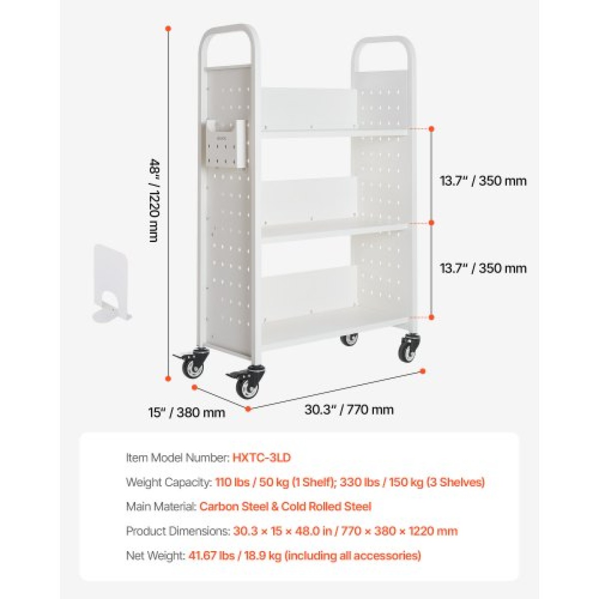 Καρότσι βιβλίων VEVOR Rolling Library, Χωρητικότητα 150 kg, 77 x 38 x 122 cm Καρότσι βιβλιοθήκης, Ράφια σε σχήμα L μονής όψης με ρόδες που κλειδώνουν 76,2 mm, φορτηγό βιβλίου για ράφια σπιτιού γραφείου και σχολείου, λευκό