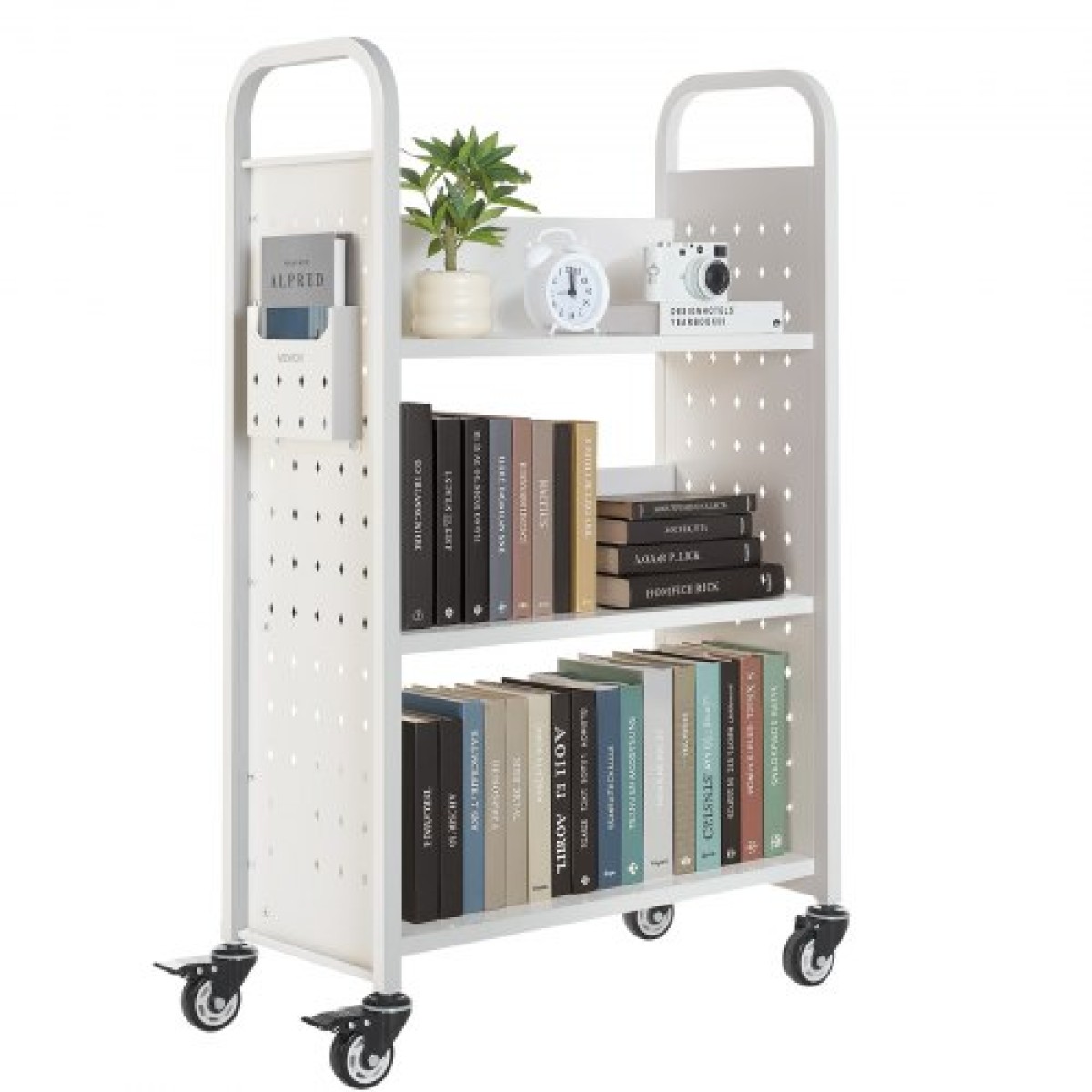 Καρότσι βιβλίων VEVOR Rolling Library, Χωρητικότητα 150 kg, 77 x 38 x 122 cm Καρότσι βιβλιοθήκης, Ράφια σε σχήμα L μονής όψης με ρόδες που κλειδώνουν 76,2 mm, φορτηγό βιβλίου για ράφια σπιτιού γραφείου και σχολείου, λευκό