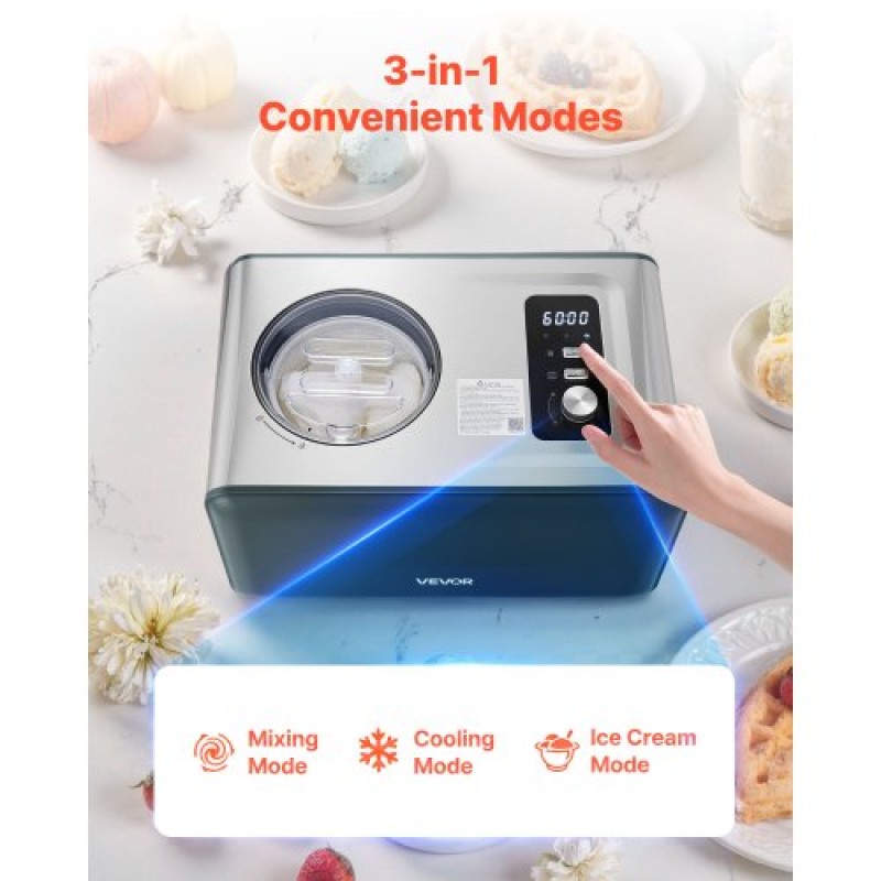 VEVOR 1.5 QT Automatic Ice Cream Maker with Built-in Compressor No Pre-freezing