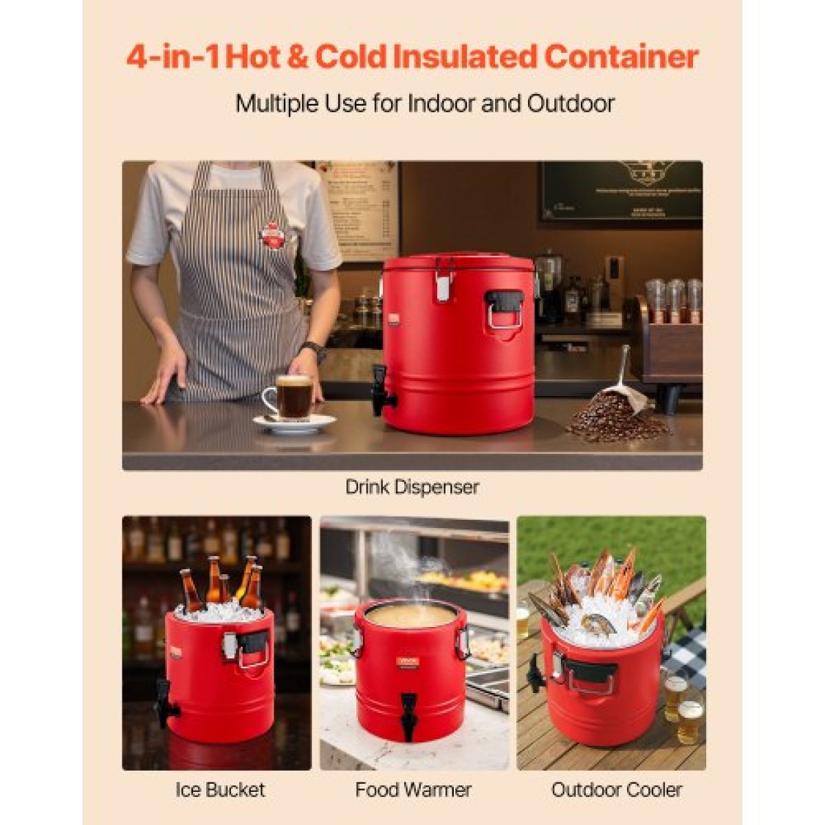 VEVOR Insulated Beverage Dispenser, 8 Gal/30,3L Thermal Pot and Cold Drink Dispenser with Spigot, Food-Grade Cooler Cana with 304 inless Steel Interior, for Tea Coffee Restaurant Outdoor