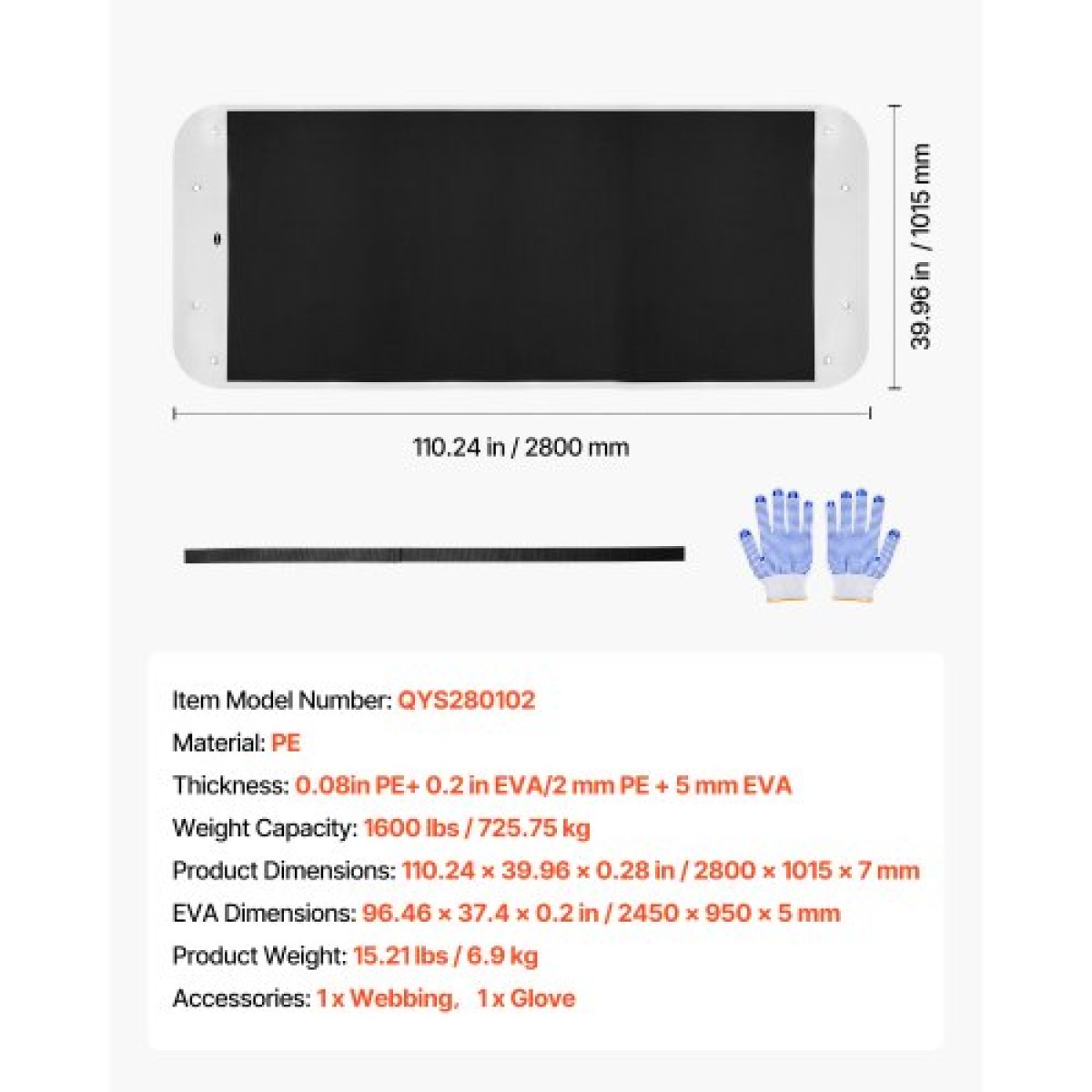 VEVOR Yard Drag Sled, 280 x 101,5 cm, 725 kg έλκηθρο βαρέως τύπου, PE Drag Glider με σχοινιά & καλώδιο έλξης, Μεταφορέας παιχνιδιών διπλής χρήσης για ψάρεμα στον πάγο με καυσόξυλα, Συμβατό με ATVs UTV Τρακτέρ