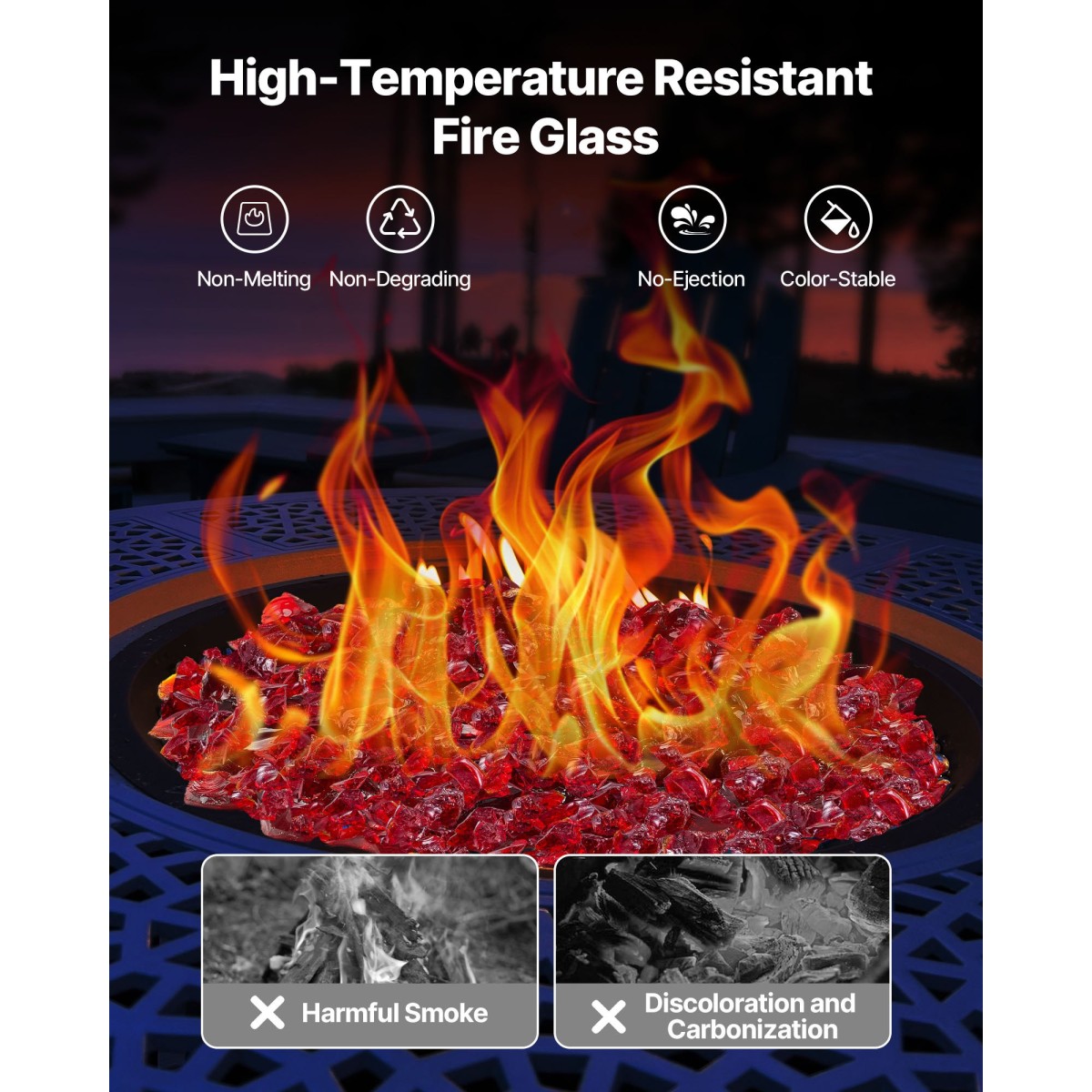 VEVOR Fire Glass, 10 LBS / 4,5 KG Βράχοι τζακιού χωρίς καπνό & ανθεκτικά σε υψηλή θερμοκρασία, 3/4 ιντσών / 19,05 mm Reflektive Firepit Glass Rock, High Luster Stone Landscaping for Fire Pit Table, κόκκινο