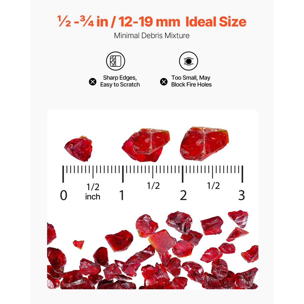 VEVOR Fire Glass, 10 LBS / 4,5 KG Βράχοι τζακιού χωρίς καπνό & ανθεκτικά σε υψηλή θερμοκρασία, 3/4 ιντσών / 19,05 mm Reflektive Firepit Glass Rock, High Luster Stone Landscaping for Fire Pit Table, κόκκινο