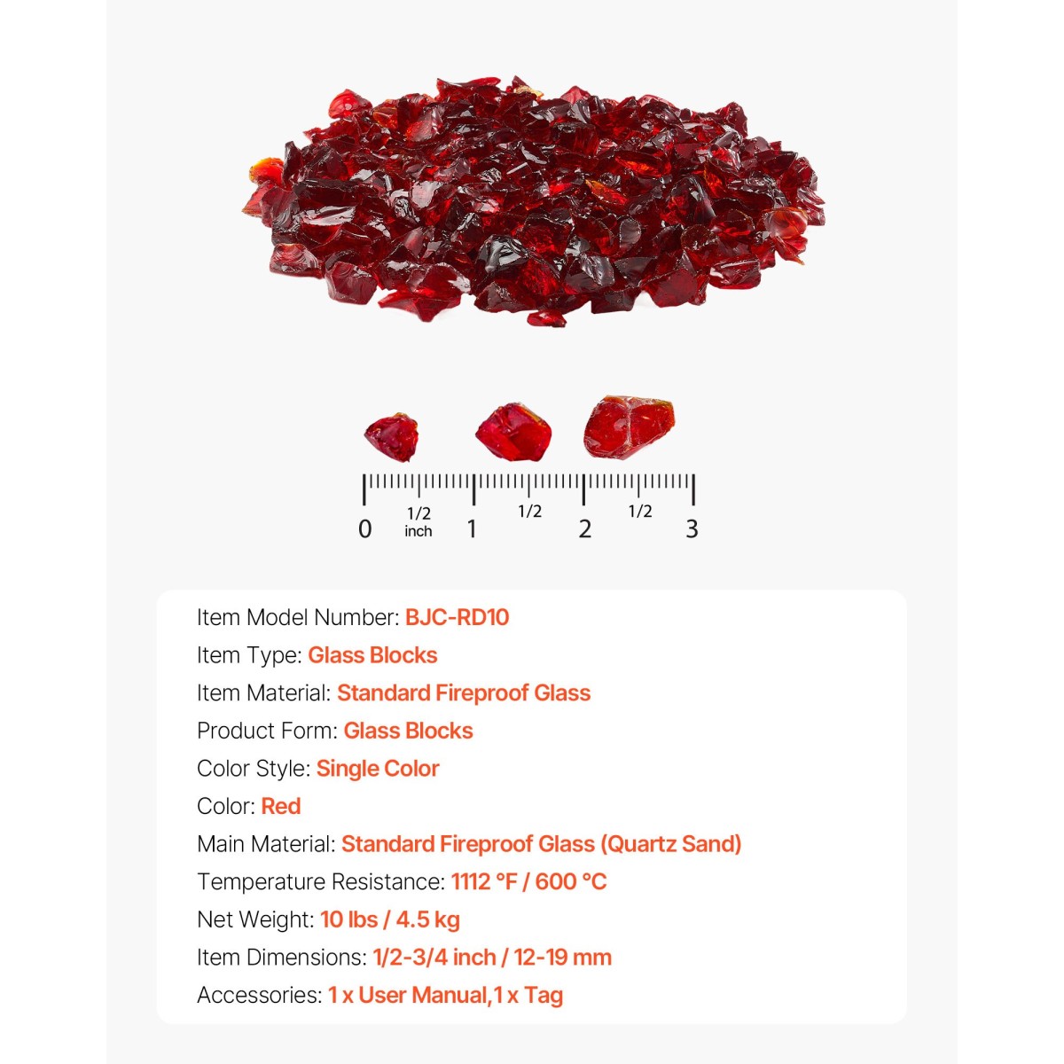 VEVOR Fire Glass, 10 LBS / 4,5 KG Βράχοι τζακιού χωρίς καπνό & ανθεκτικά σε υψηλή θερμοκρασία, 3/4 ιντσών / 19,05 mm Reflektive Firepit Glass Rock, High Luster Stone Landscaping for Fire Pit Table, κόκκινο