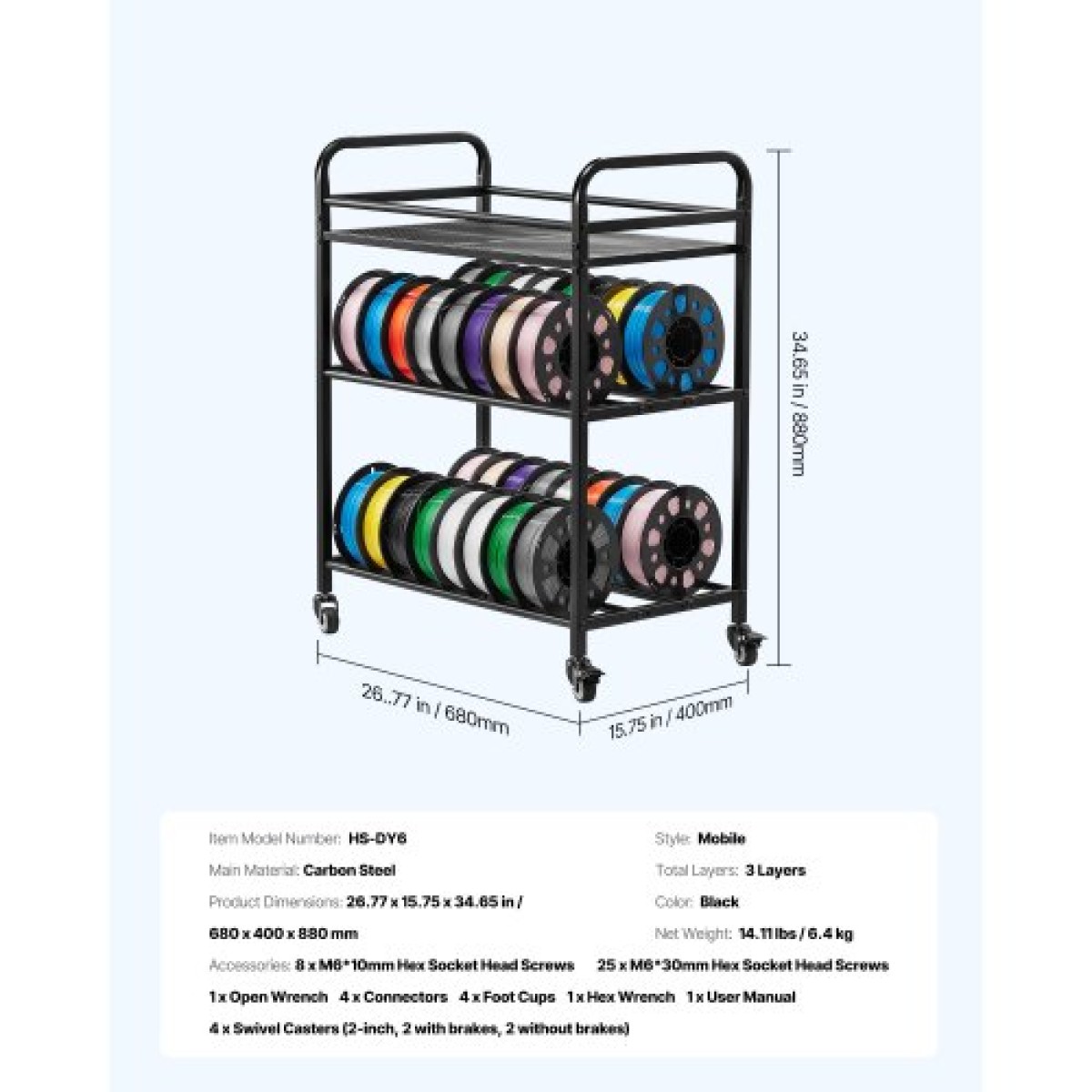 Ράφι αποθήκευσης νήματος VEVOR 3D Printer, ράφι αποθήκευσης βαρέως τύπου 3 επιπέδων, βάσεις στήριξης κυλιόμενων νημάτων με ρόδες, νήματα οργανωμένα για σταθμό τρισδιάστατης εκτύπωσης, γραφείο, εργαστήριο (μόνο σε ράφι)
