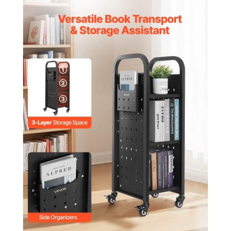 VEVOR 3-Tier Rolling Book Cart Single Sided L-Shaped Shelves Book Truck Black