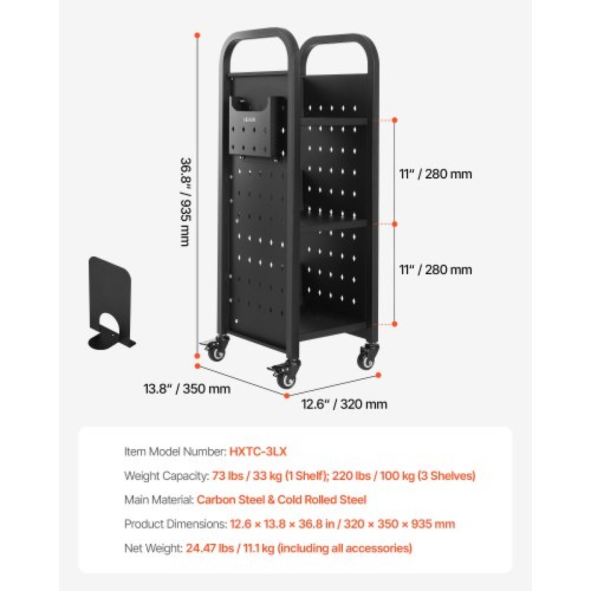 Καρότσι βιβλίων VEVOR Rolling Library, Χωρητικότητα 100 kg, 32 x 35 x 93,5 cm Καρότσι βιβλιοθήκης, Ράφια σε σχήμα L μονής όψης με ρόδες που κλειδώνουν 50,8 mm, φορτηγό βιβλίων για ράφια σπιτιού γραφείου και σχολείου, Μαύρο