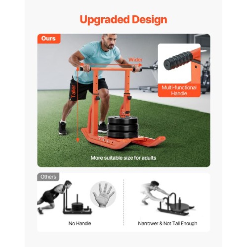 VEVOR Weight Sled, Steel Power Sled, Fitness Training Sleds for Athletic Exercise Improvement Speed, Εξοπλισμός προπόνησης με ρυθμιζόμενη λαβή ύψους, συμβατό με πλάκες βάρους 25/51 mm, πορτοκαλί