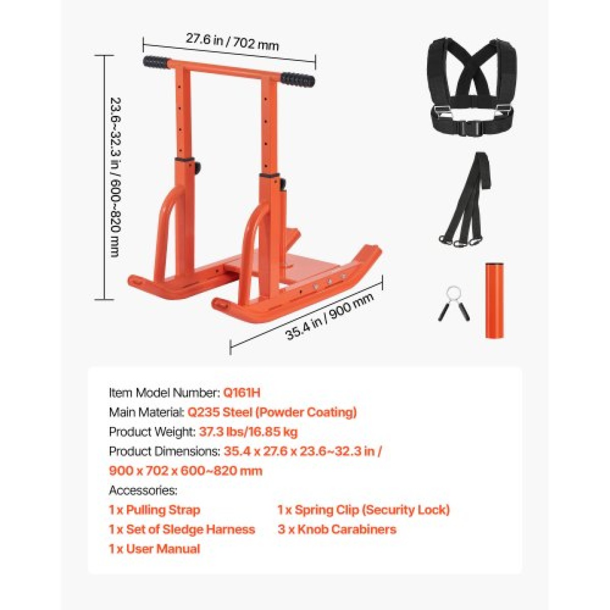 VEVOR Weight Sled, Steel Power Sled, Fitness Training Sleds for Athletic Exercise Improvement Speed, Εξοπλισμός προπόνησης με ρυθμιζόμενη λαβή ύψους, συμβατό με πλάκες βάρους 25/51 mm, πορτοκαλί