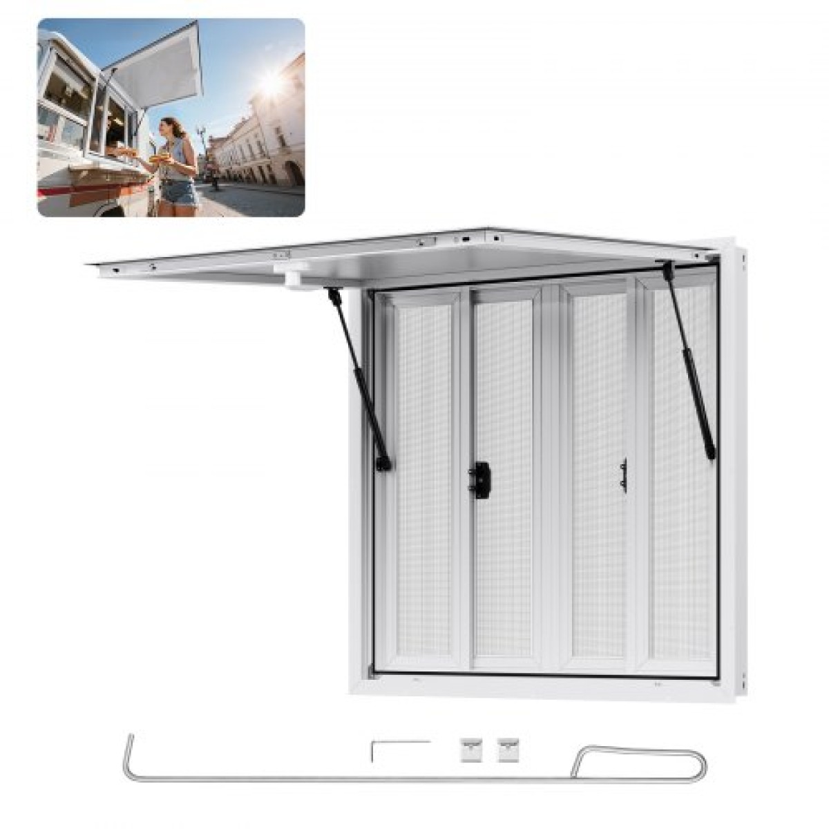 Παράθυρο παραχώρησης VEVOR 92x92 cm, Παράθυρο σέρβις από κράμα αλουμινίου για φορτηγό τροφίμων, παράθυρο σερβιρίσματος έως 85 μοιρών με 4 συρόμενα παράθυρα, τέντα πόρτα και γάντζο, για ρυμουλκούμενα παραχώρησης