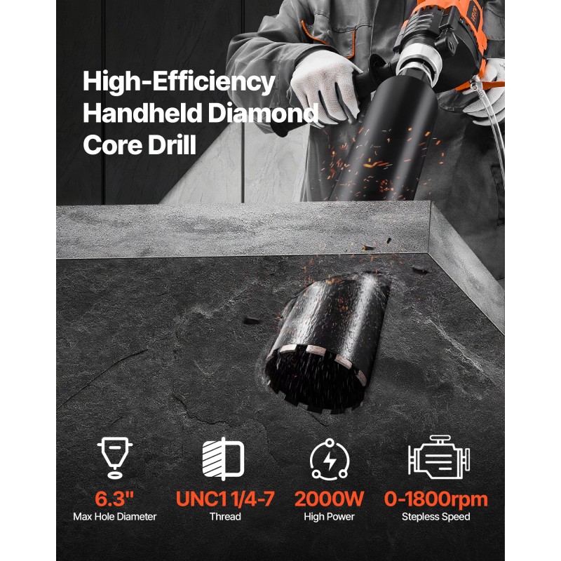 VEVOR Diamond Core Drilling Machine, 20-160 mm Diameter Drilling, Handheld Dry and Wet Concrete Core Drill Rig with 4 Drill Bits, 0-1800RPM Variable Speed, UNC1 1/4-7, for Concrete Brick Stone, 2000W