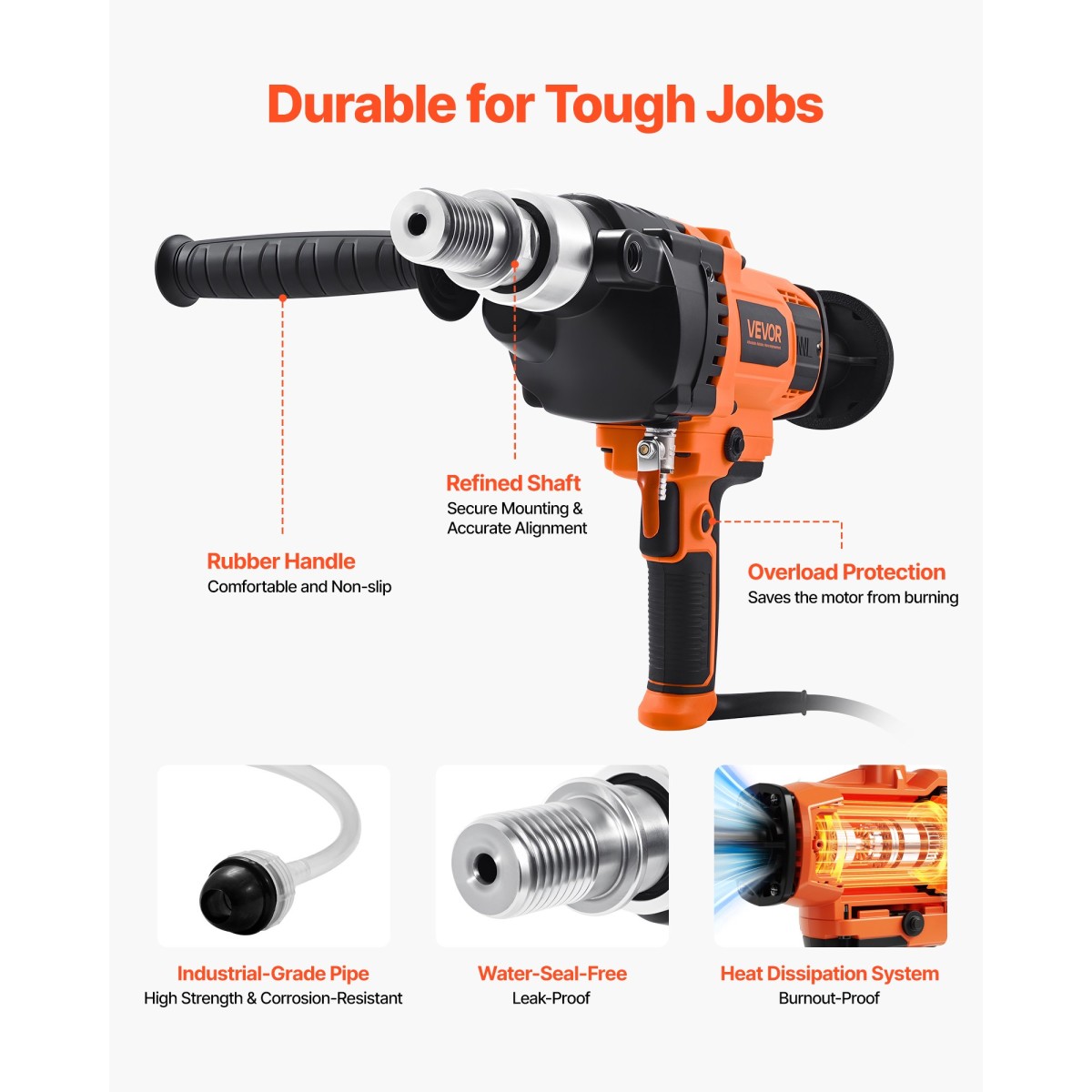 VEVOR Diamond Core Drilling Machine, 20-160 mm Diameter Drilling, Handheld Dry and Wet Concrete Core Drill Rig with 4 Drill Bits, 0-1800RPM Variable Speed, UNC1 1/4-7, for Concrete Brick Stone, 2000W