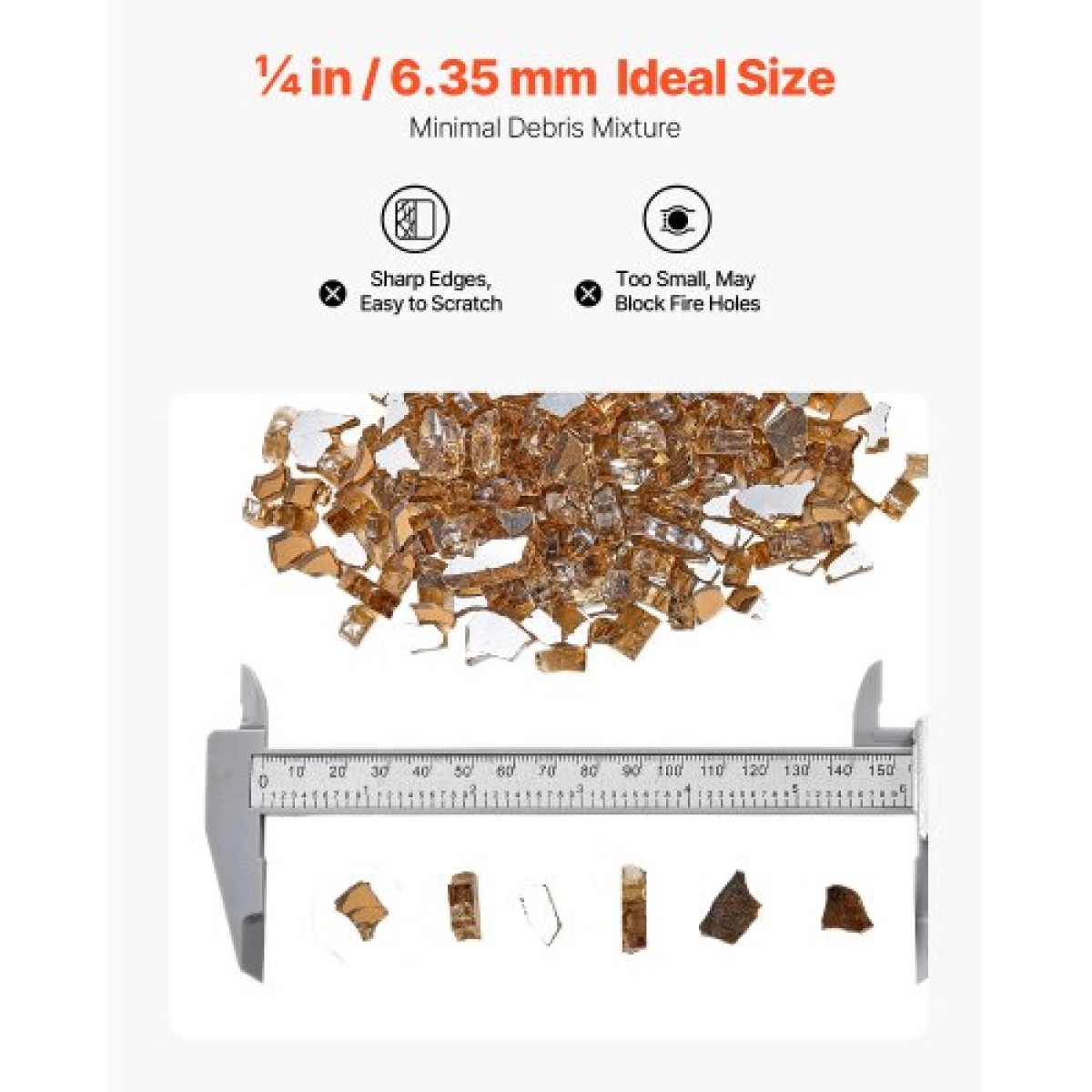 VEVOR Fire Glass, 10 LBS / 4,5 KG Βράχοι τζακιού ανθεκτικοί σε υψηλή θερμοκρασία, 1/4 ίντσας / 6,35 mm Reflective & Smokeless Firepit Glass Rock, High Luster Stone Landscaping for Fire Pit Table, Copper