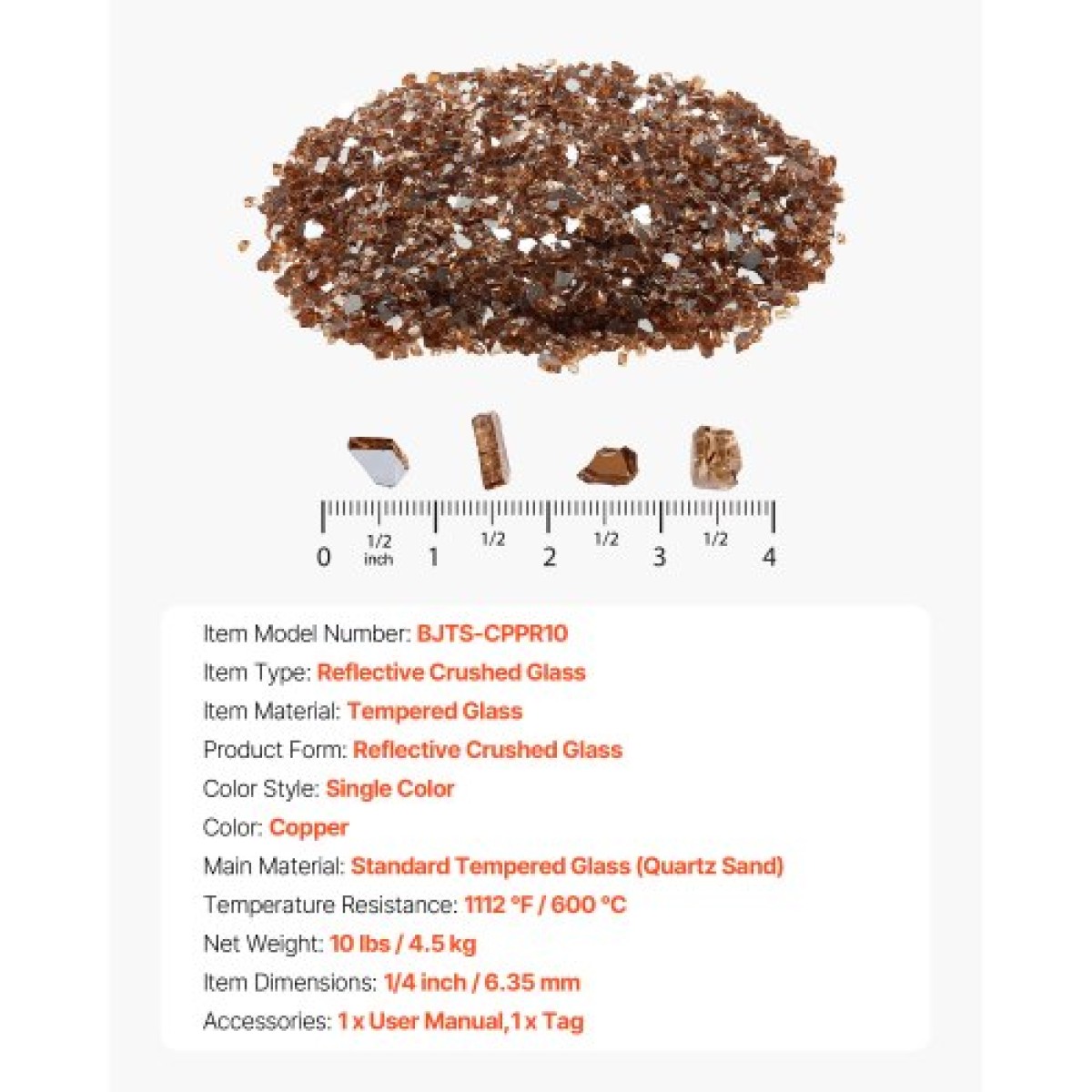VEVOR Fire Glass, 10 LBS / 4,5 KG Βράχοι τζακιού ανθεκτικοί σε υψηλή θερμοκρασία, 1/4 ίντσας / 6,35 mm Reflective & Smokeless Firepit Glass Rock, High Luster Stone Landscaping for Fire Pit Table, Copper