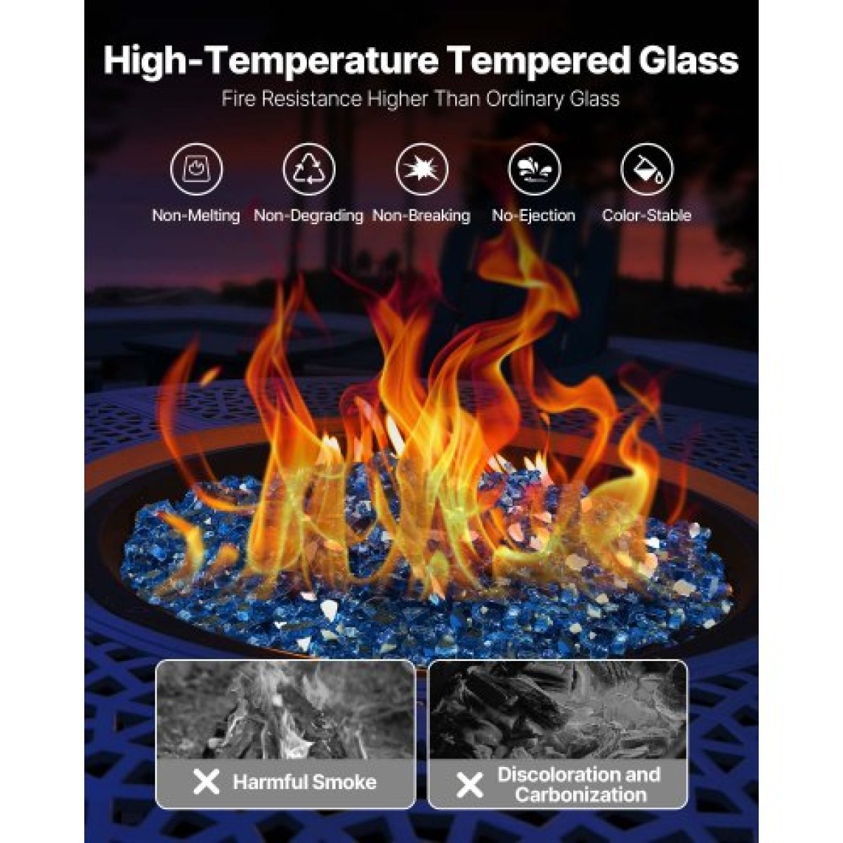 VEVOR Fire Glass, 10LBS / 4,5KG Βράχοι τζακιού ανθεκτικοί σε υψηλή θερμοκρασία, 1/2 ίντσας / 12,7 mm Reflective & Smokeless Firepit Glass Rock, High Luster Stone Landscaping for Fire Pit Table, Pacific Blue