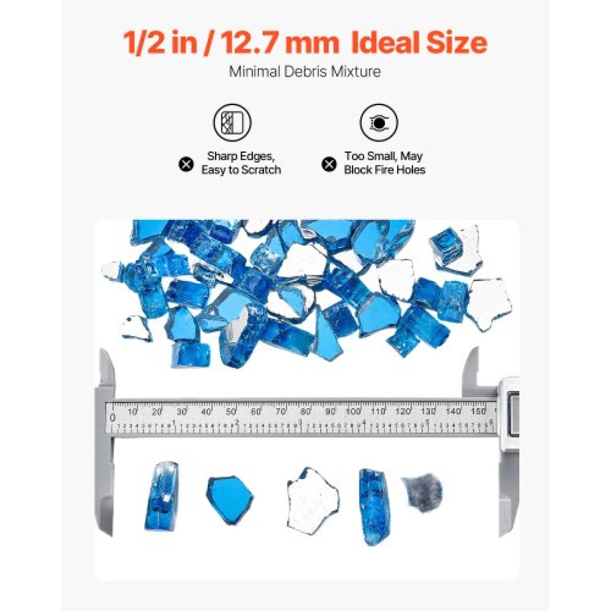 VEVOR Fire Glass, 10LBS / 4,5KG Βράχοι τζακιού ανθεκτικοί σε υψηλή θερμοκρασία, 1/2 ίντσας / 12,7 mm Reflective & Smokeless Firepit Glass Rock, High Luster Stone Landscaping for Fire Pit Table, Pacific Blue