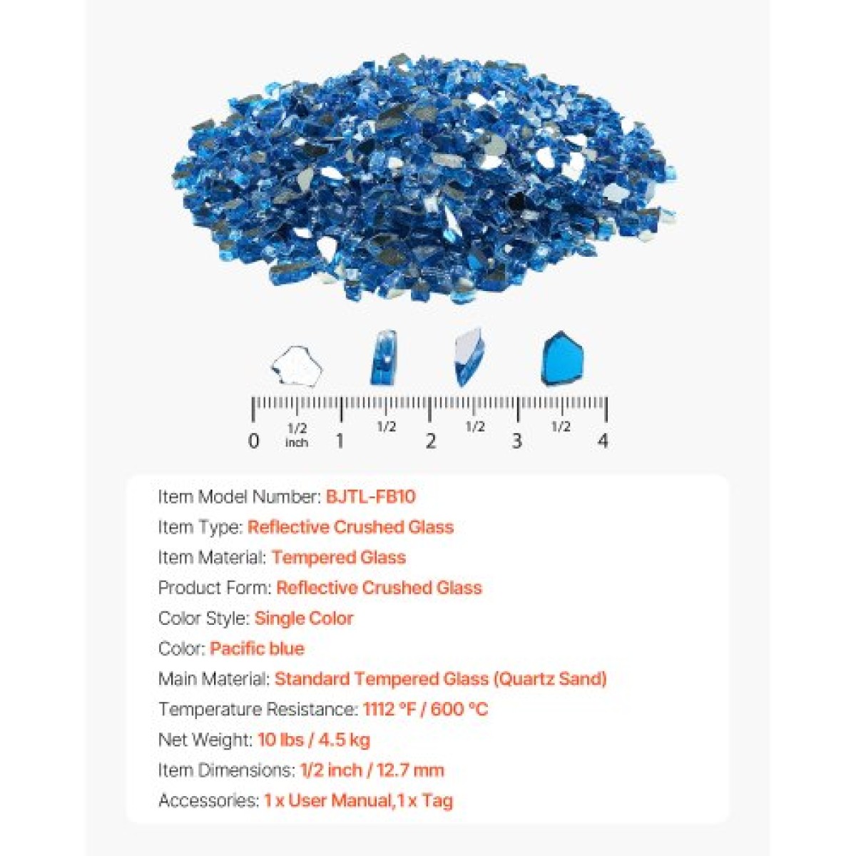 VEVOR Fire Glass, 10LBS / 4,5KG Βράχοι τζακιού ανθεκτικοί σε υψηλή θερμοκρασία, 1/2 ίντσας / 12,7 mm Reflective & Smokeless Firepit Glass Rock, High Luster Stone Landscaping for Fire Pit Table, Pacific Blue