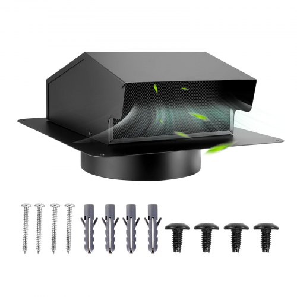 Κάλυμμα εξαερισμού τοίχου VEVOR 149 mm με κουκούλα, τετράγωνο κάλυμμα αεραγωγού AC, Premium ατσάλι SPCC & με ενσωματωμένη οθόνη προστασίας, για στέγες, τοίχους, εξόδους εξάτμισης εξωτερικών αεραγωγών (1 πακέτο, μαύρο)