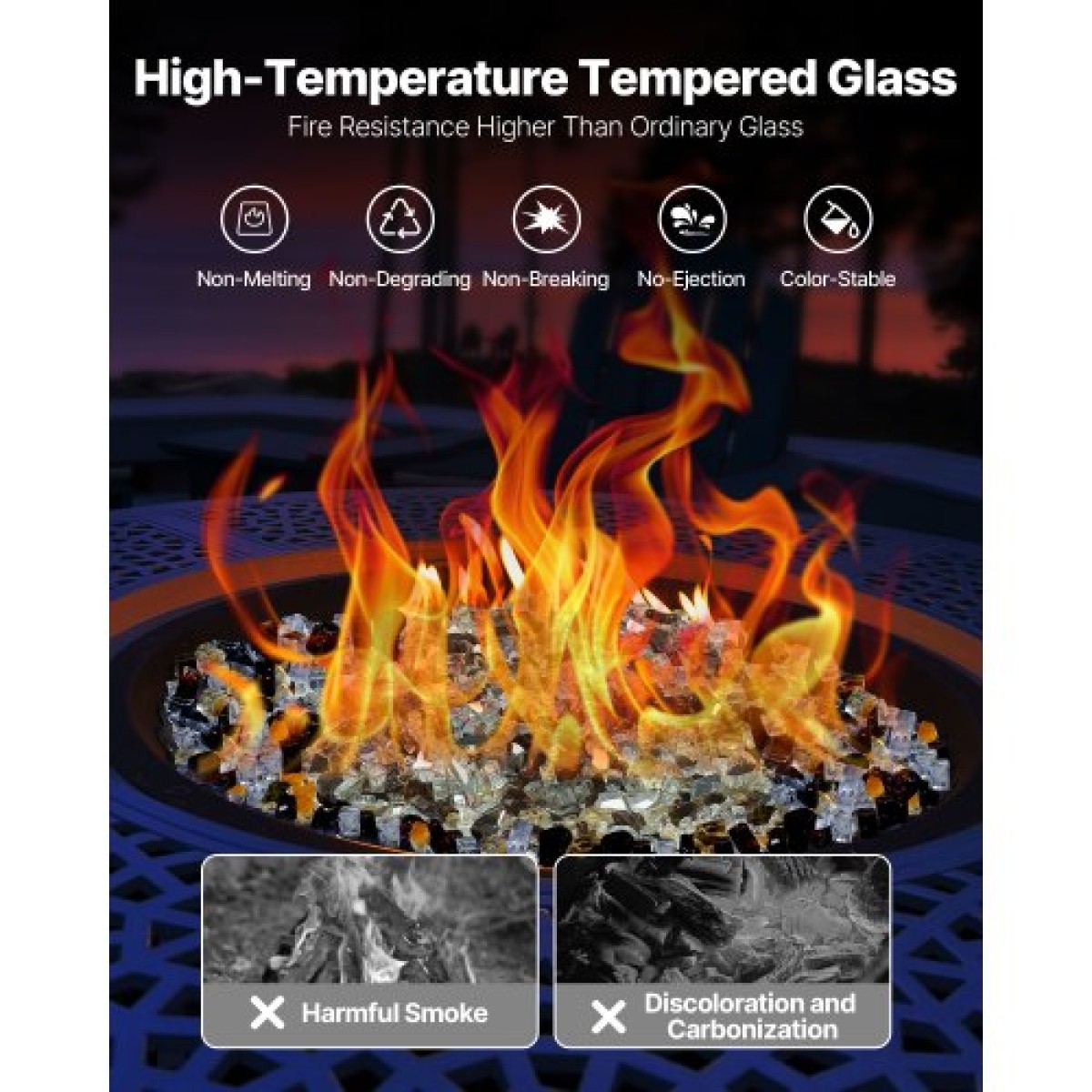 VEVOR Fire Glass, 10 LBS / 4,5 KG Ανθεκτικά σε υψηλές θερμοκρασίες πέτρες τζακιού, 1/2 ίντσας / 12,7 mm Reflektive Firepit Glass Rock, High Luster Stone Landscaping for Fire Pit table, Copper + Clear + Gold