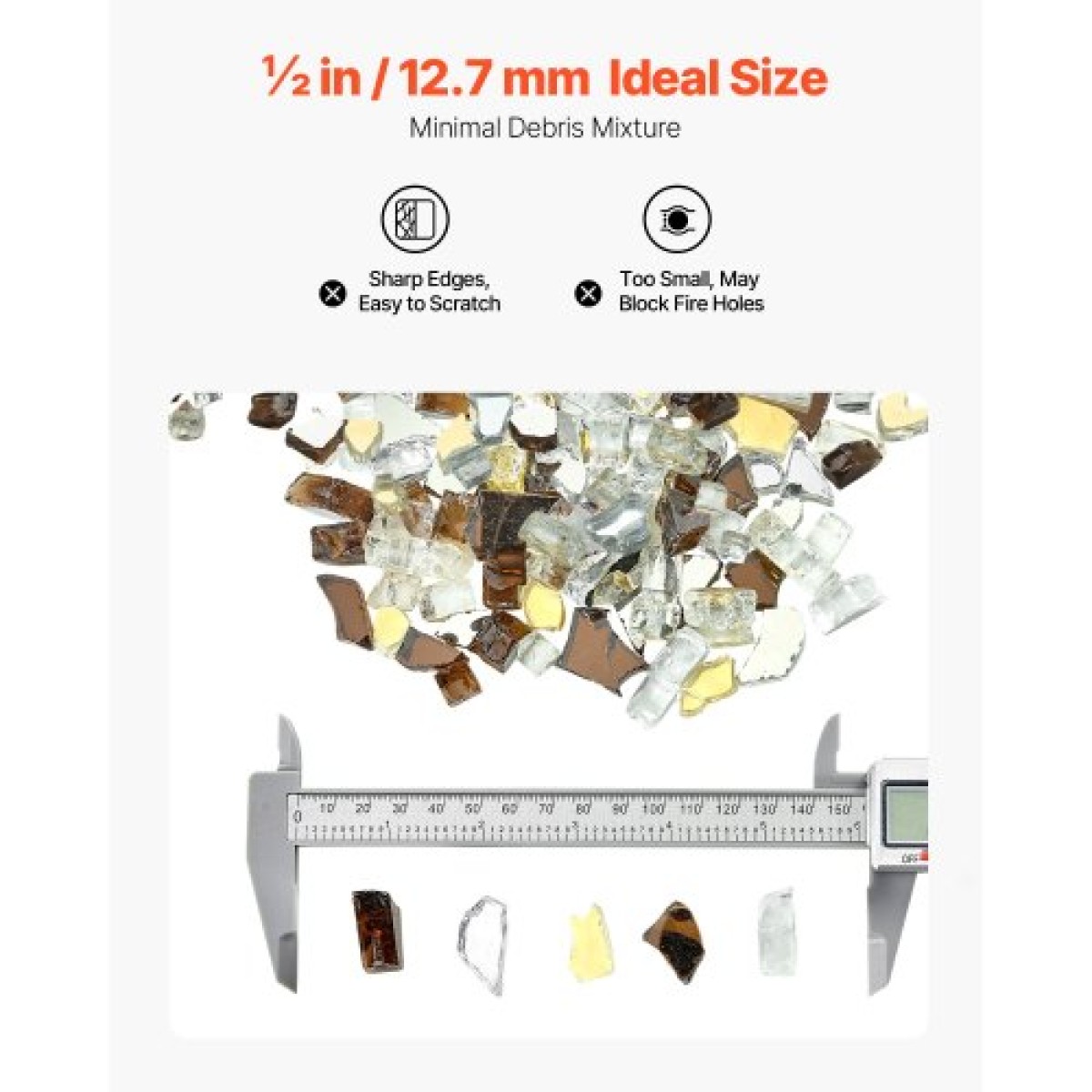 VEVOR Fire Glass, 10 LBS / 4,5 KG Ανθεκτικά σε υψηλές θερμοκρασίες πέτρες τζακιού, 1/2 ίντσας / 12,7 mm Reflektive Firepit Glass Rock, High Luster Stone Landscaping for Fire Pit table, Copper + Clear + Gold