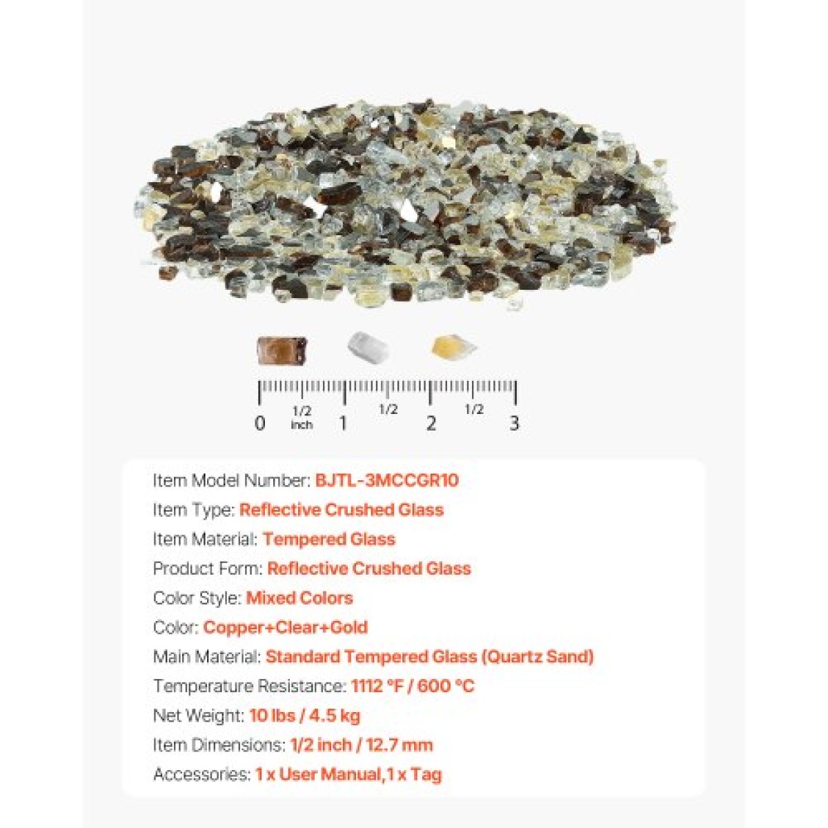 VEVOR Fire Glass, 10 LBS / 4,5 KG Ανθεκτικά σε υψηλές θερμοκρασίες πέτρες τζακιού, 1/2 ίντσας / 12,7 mm Reflektive Firepit Glass Rock, High Luster Stone Landscaping for Fire Pit table, Copper + Clear + Gold