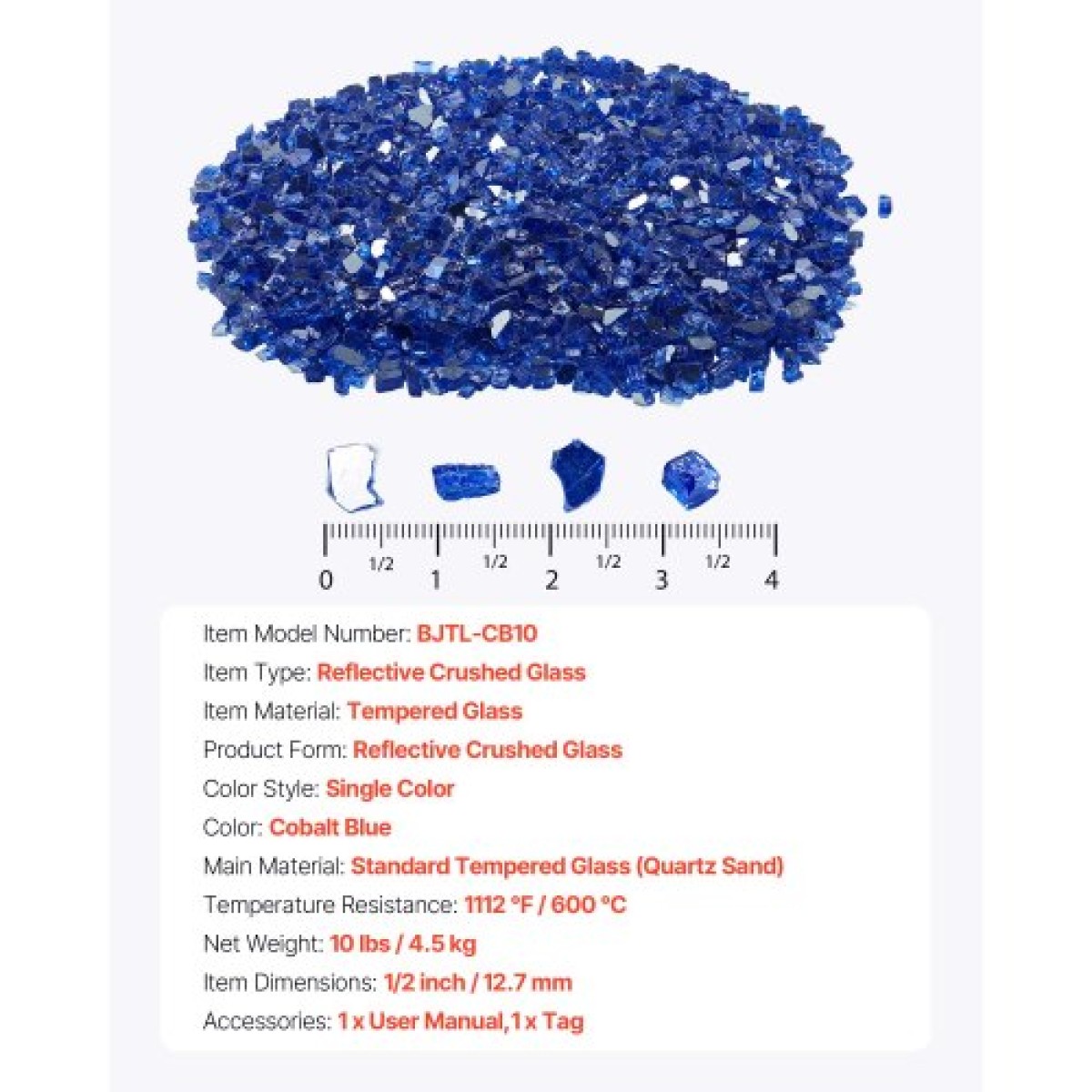 VEVOR Fire Glass, 10LBS / 4,5KG Βράχοι τζακιού ανθεκτικοί σε υψηλές θερμοκρασίες, 1/2 ίντσας / 12,7 mm Reflective & Smokeless Firepit Glass Rock, High Luster Stone Landscaping for Fire Pit Table, Cobalt Blue