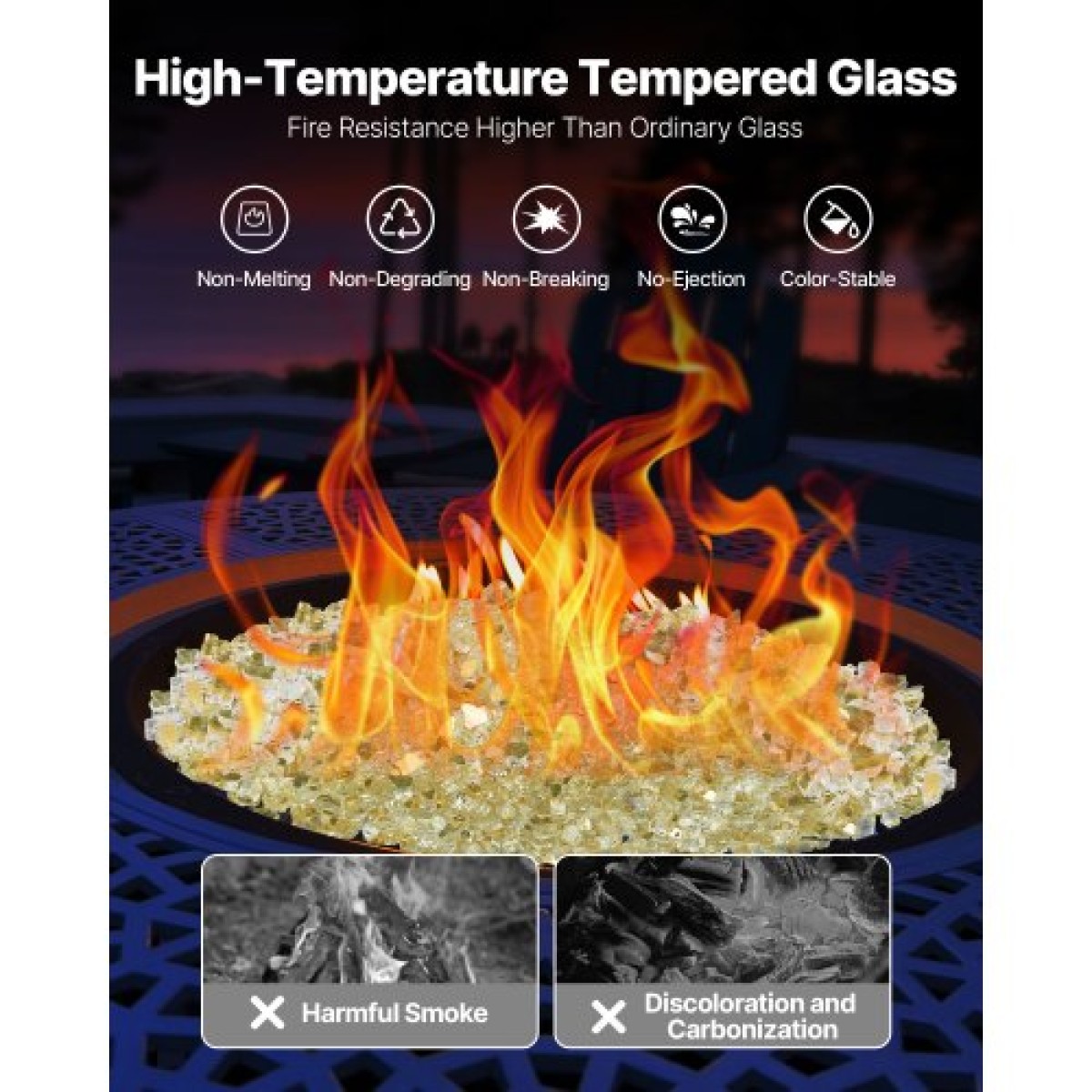 VEVOR Fire Glass, 10 LBS / 4,5 KG Βράχοι τζακιού ανθεκτικοί σε υψηλές θερμοκρασίες, 1/2 ίντσας / 12,7 mm ανακλαστικός & άκαπνος γυάλινος βράχος, πέτρα υψηλής λάμψης εξωραϊσμού για τραπέζι πυρκαγιάς, χρυσός