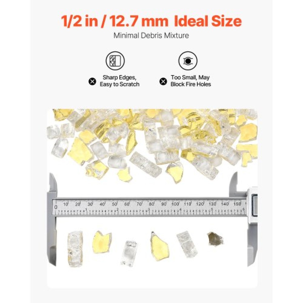 VEVOR Fire Glass, 10 LBS / 4,5 KG Βράχοι τζακιού ανθεκτικοί σε υψηλές θερμοκρασίες, 1/2 ίντσας / 12,7 mm ανακλαστικός & άκαπνος γυάλινος βράχος, πέτρα υψηλής λάμψης εξωραϊσμού για τραπέζι πυρκαγιάς, χρυσός