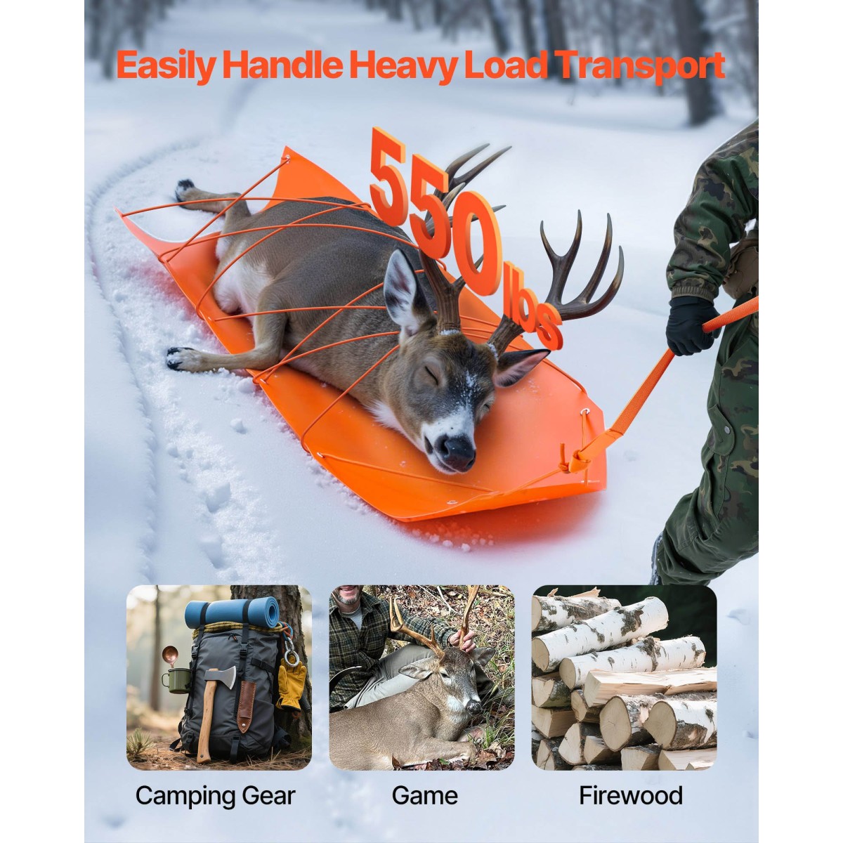 VEVOR Deer Drag Sled, 185 x 58 cm, 250 kg Heavy Duty Yard Utility Sled, Ανθεκτικό στο σχίσιμο PE Drag Glider Mat με σχοινιά & λαβή, Thickened Game Hauler για Καυσόξυλα Ψάρεμα στον Πάγο Κυνήγι