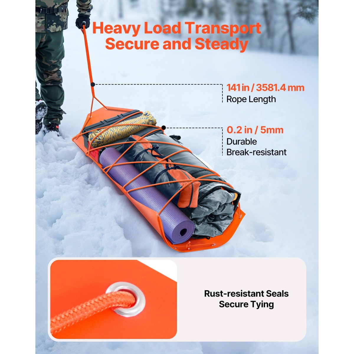 VEVOR Deer Drag Sled, 185 x 58 cm, 250 kg Heavy Duty Yard Utility Sled, Ανθεκτικό στο σχίσιμο PE Drag Glider Mat με σχοινιά & λαβή, Thickened Game Hauler για Καυσόξυλα Ψάρεμα στον Πάγο Κυνήγι
