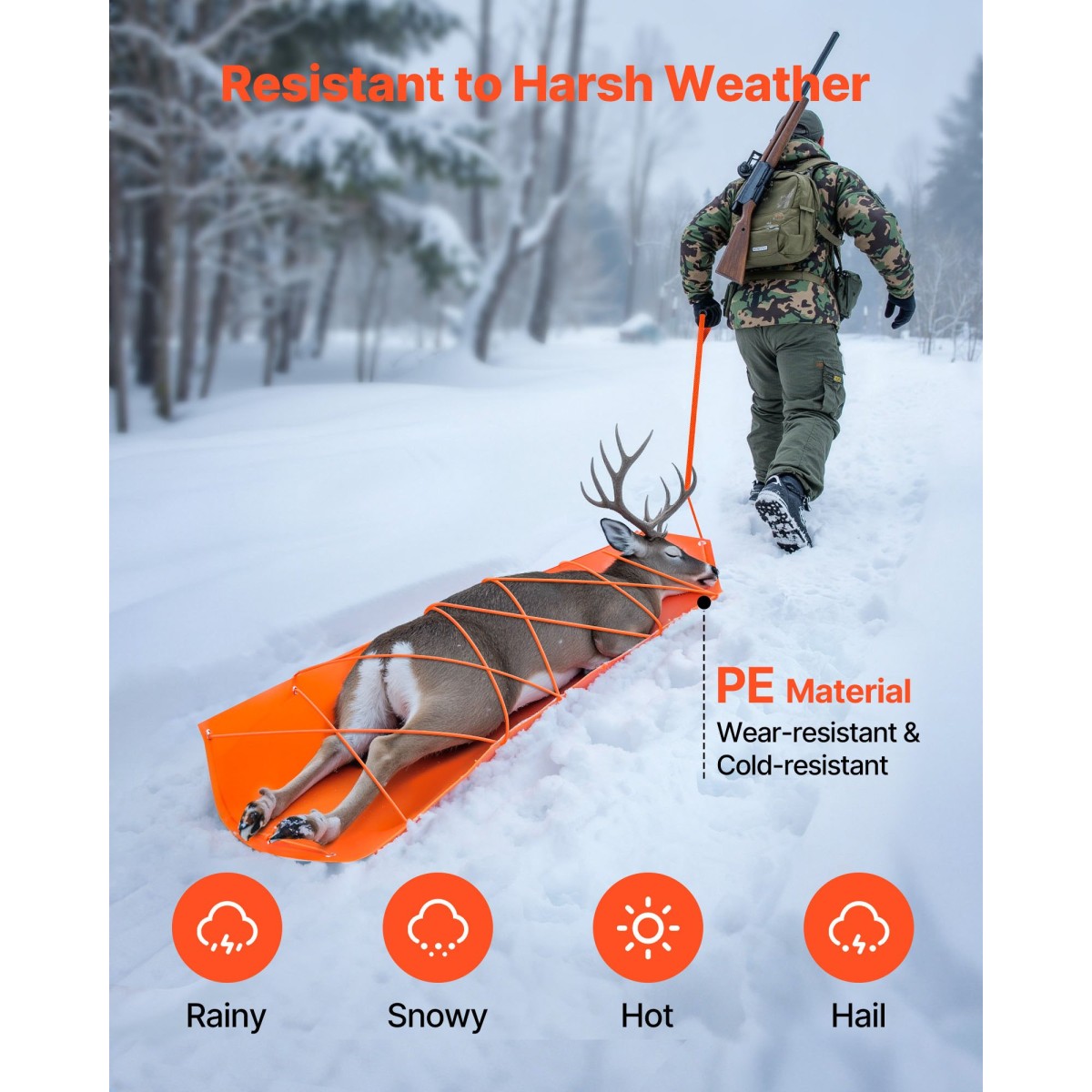 VEVOR Deer Drag Sled, 185 x 58 cm, 250 kg Heavy Duty Yard Utility Sled, Ανθεκτικό στο σχίσιμο PE Drag Glider Mat με σχοινιά & λαβή, Thickened Game Hauler για Καυσόξυλα Ψάρεμα στον Πάγο Κυνήγι
