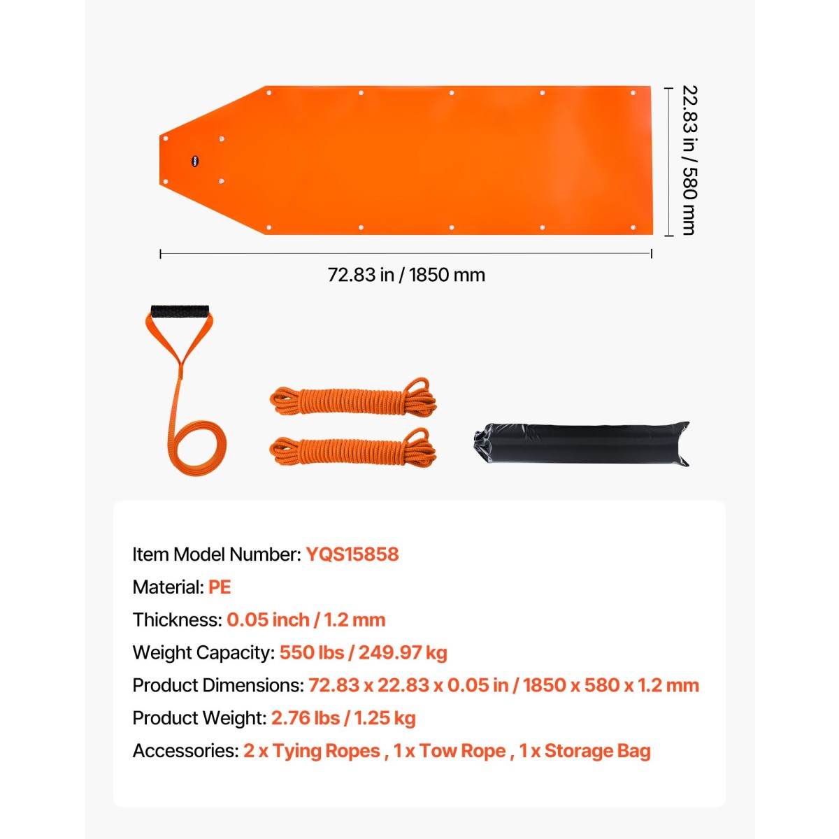 VEVOR Deer Drag Sled, 185 x 58 cm, 250 kg Heavy Duty Yard Utility Sled, Ανθεκτικό στο σχίσιμο PE Drag Glider Mat με σχοινιά & λαβή, Thickened Game Hauler για Καυσόξυλα Ψάρεμα στον Πάγο Κυνήγι