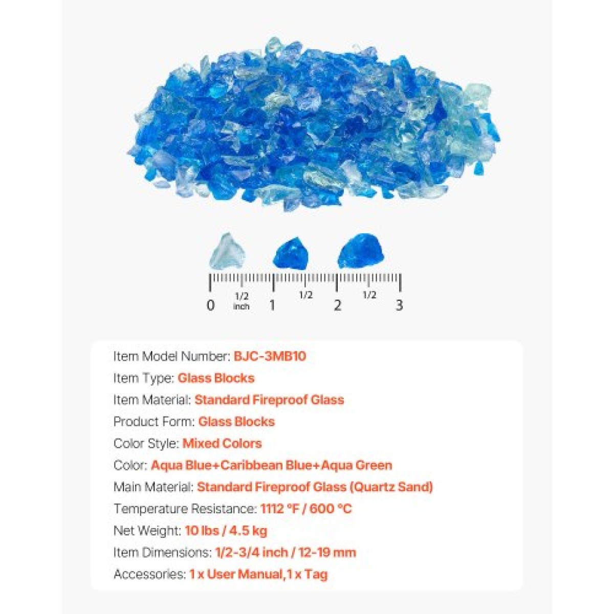 VEVOR Fire Glass, 10 LBS / 4,5 KG Τζάκι Rocks, 3/4-Inch / 19,05 mm Reflective Firepit Glass Rock, High Luster Stone Landscaping for Fire Pit Table, Aqua Blue + Caribbean Blue + Aqua Green