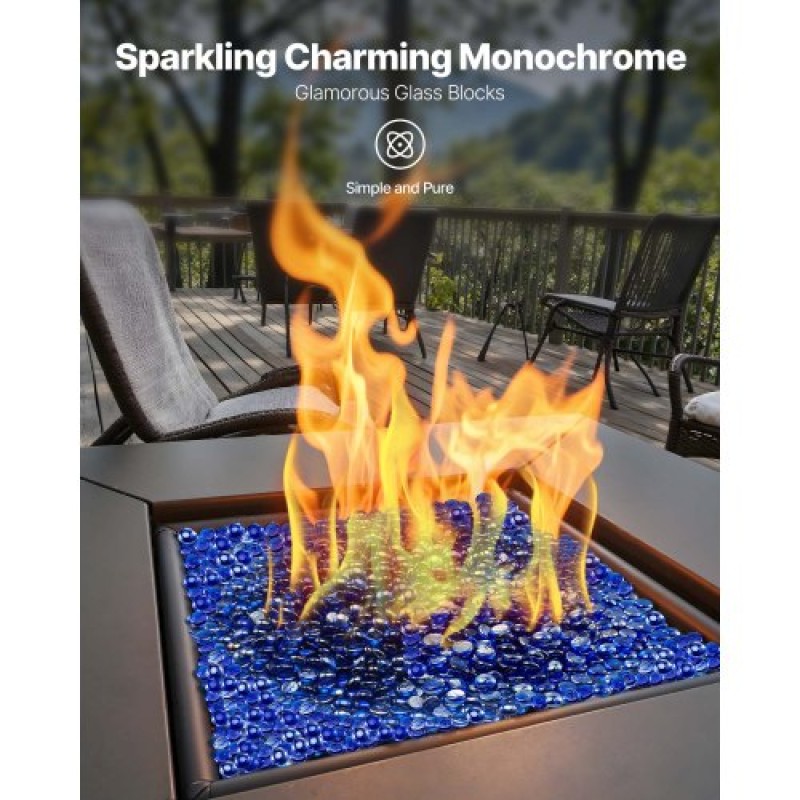 VEVOR Fire Glass, 10LBS/4,5KG Βράχοι τζακιού ανθεκτικοί σε υψηλές θερμοκρασίες, 3/4-ιντσών / 19,05 mm αντανακλαστικές & άκαπνες γυάλινες χάντρες, πέτρινο τοπίο υψηλής λάμψης για τραπέζι πυρκαγιάς, μπλε κοβαλτίου