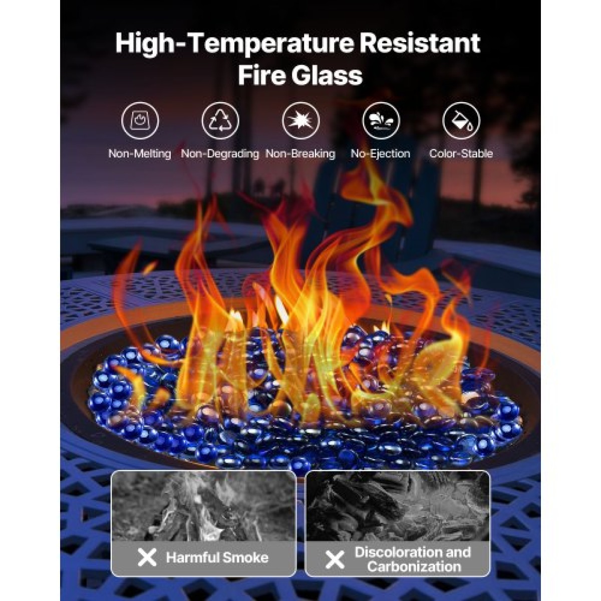 VEVOR Fire Glass, 10LBS/4,5KG Βράχοι τζακιού ανθεκτικοί σε υψηλές θερμοκρασίες, 3/4-ιντσών / 19,05 mm αντανακλαστικές & άκαπνες γυάλινες χάντρες, πέτρινο τοπίο υψηλής λάμψης για τραπέζι πυρκαγιάς, μπλε κοβαλτίου
