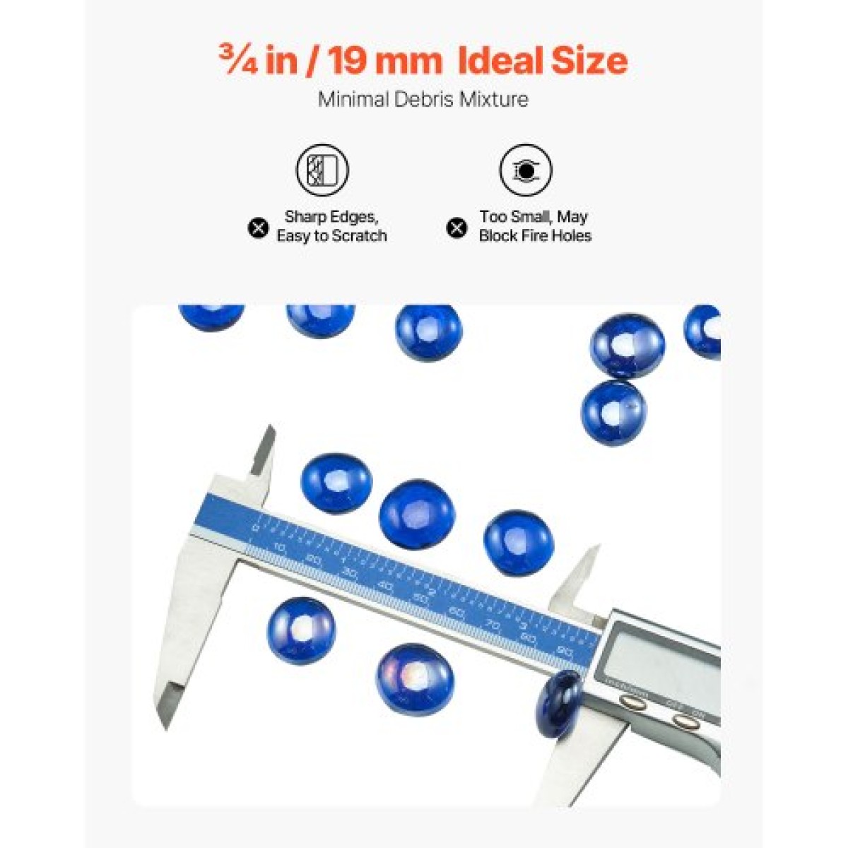 VEVOR Fire Glass, 10LBS/4,5KG Βράχοι τζακιού ανθεκτικοί σε υψηλές θερμοκρασίες, 3/4-ιντσών / 19,05 mm αντανακλαστικές & άκαπνες γυάλινες χάντρες, πέτρινο τοπίο υψηλής λάμψης για τραπέζι πυρκαγιάς, μπλε κοβαλτίου
