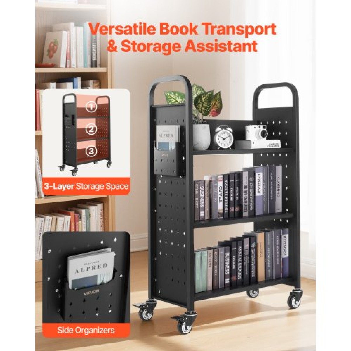 Καρότσι βιβλίων VEVOR Rolling Library, Χωρητικότητα 150 kg, 77 x 38 x 122 cm Καρότσι βιβλιοθήκης, Ράφια σε σχήμα L μονής όψης με τροχούς που κλειδώνουν 76,2 mm, φορτηγό βιβλίων για ράφια σπιτιού γραφείου και σχολείου, Μαύρο