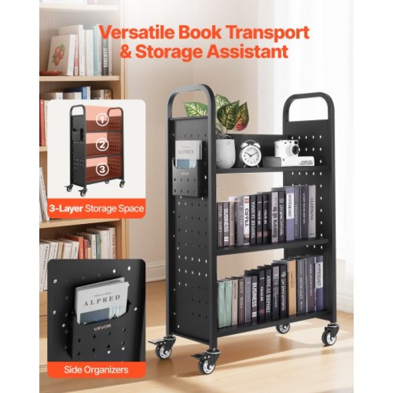 VEVOR 3-Tier Rolling Book Cart Single Sided L-Shaped Shelves Book Truck in Black