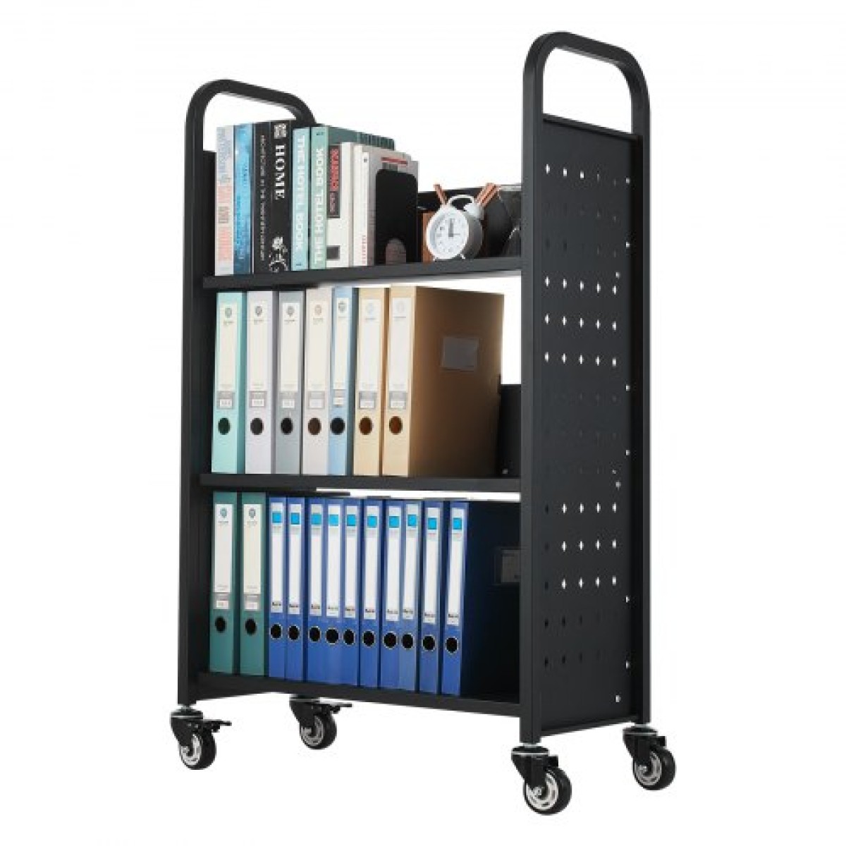 Καρότσι βιβλίων VEVOR Rolling Library, Χωρητικότητα 150 kg, 77 x 38 x 122 cm Καρότσι βιβλιοθήκης, Ράφια σε σχήμα L μονής όψης με τροχούς που κλειδώνουν 76,2 mm, φορτηγό βιβλίων για ράφια σπιτιού γραφείου και σχολείου, Μαύρο