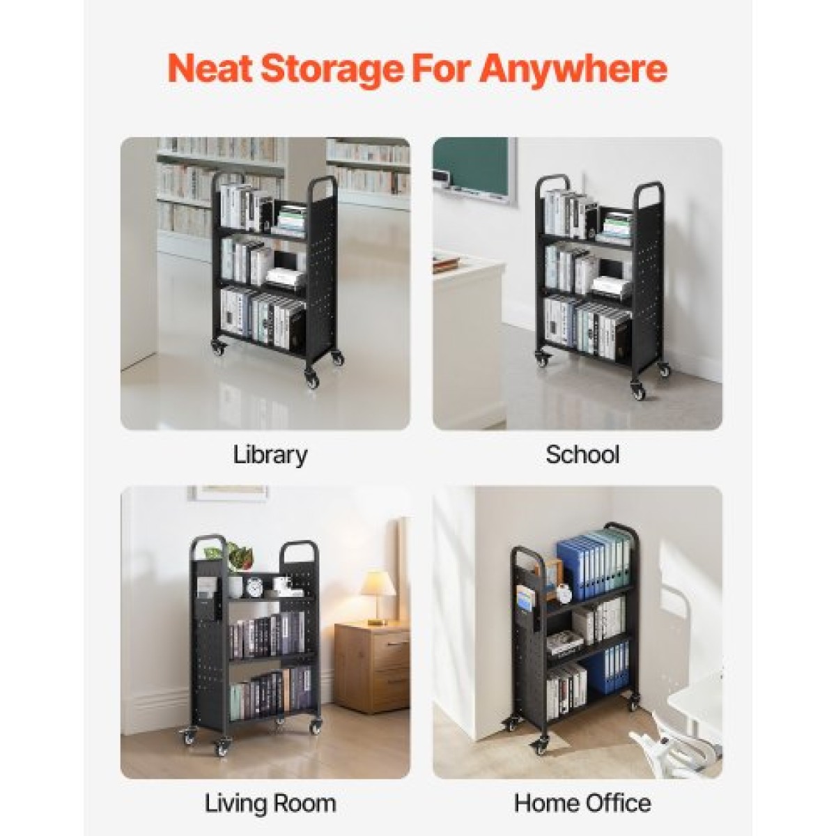 Καρότσι βιβλίων VEVOR Rolling Library, Χωρητικότητα 150 kg, 77 x 38 x 122 cm Καρότσι βιβλιοθήκης, Ράφια σε σχήμα L μονής όψης με τροχούς που κλειδώνουν 76,2 mm, φορτηγό βιβλίων για ράφια σπιτιού γραφείου και σχολείου, Μαύρο